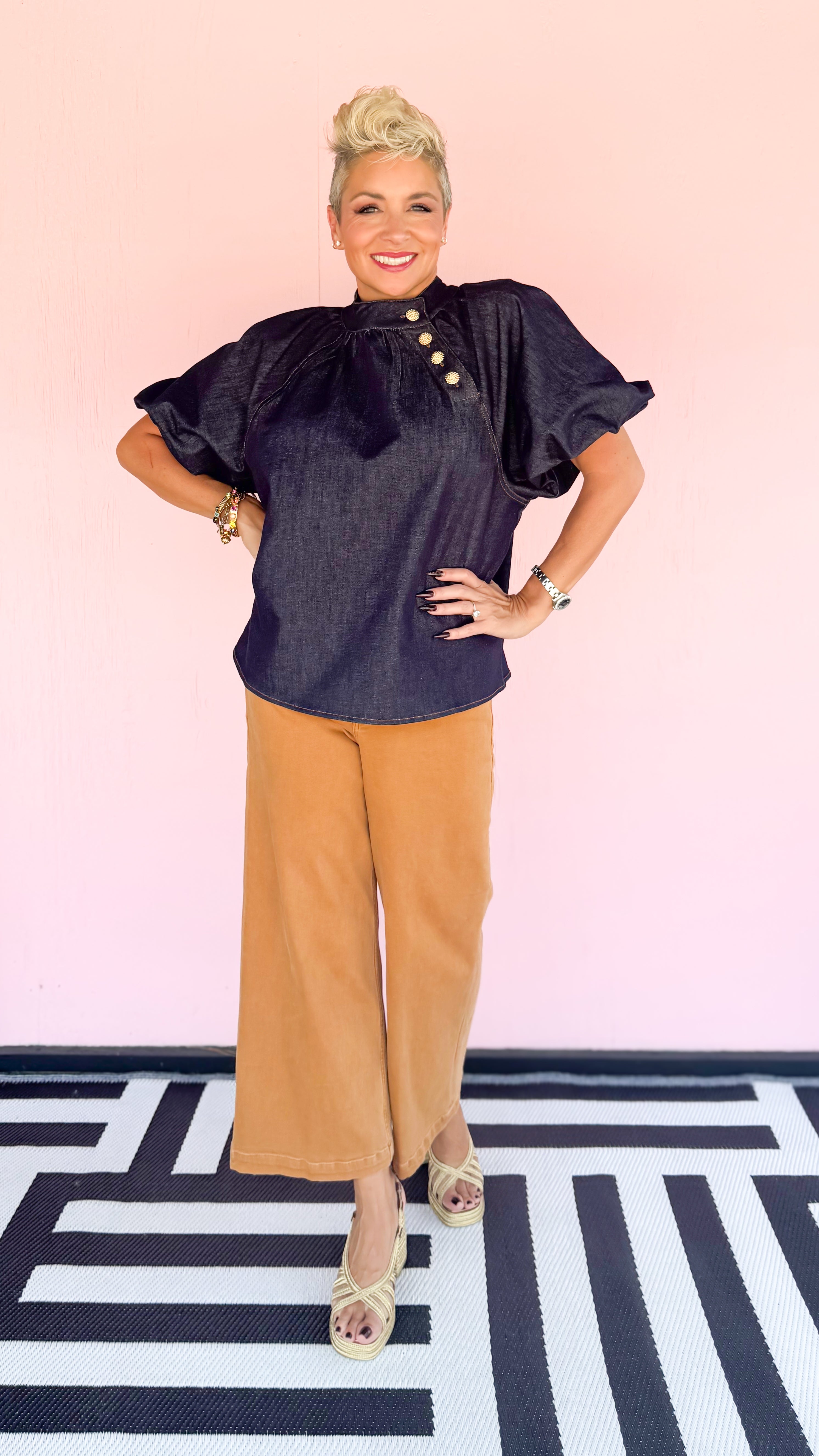 Bubble Sleeve Denim Top Gold Buttons