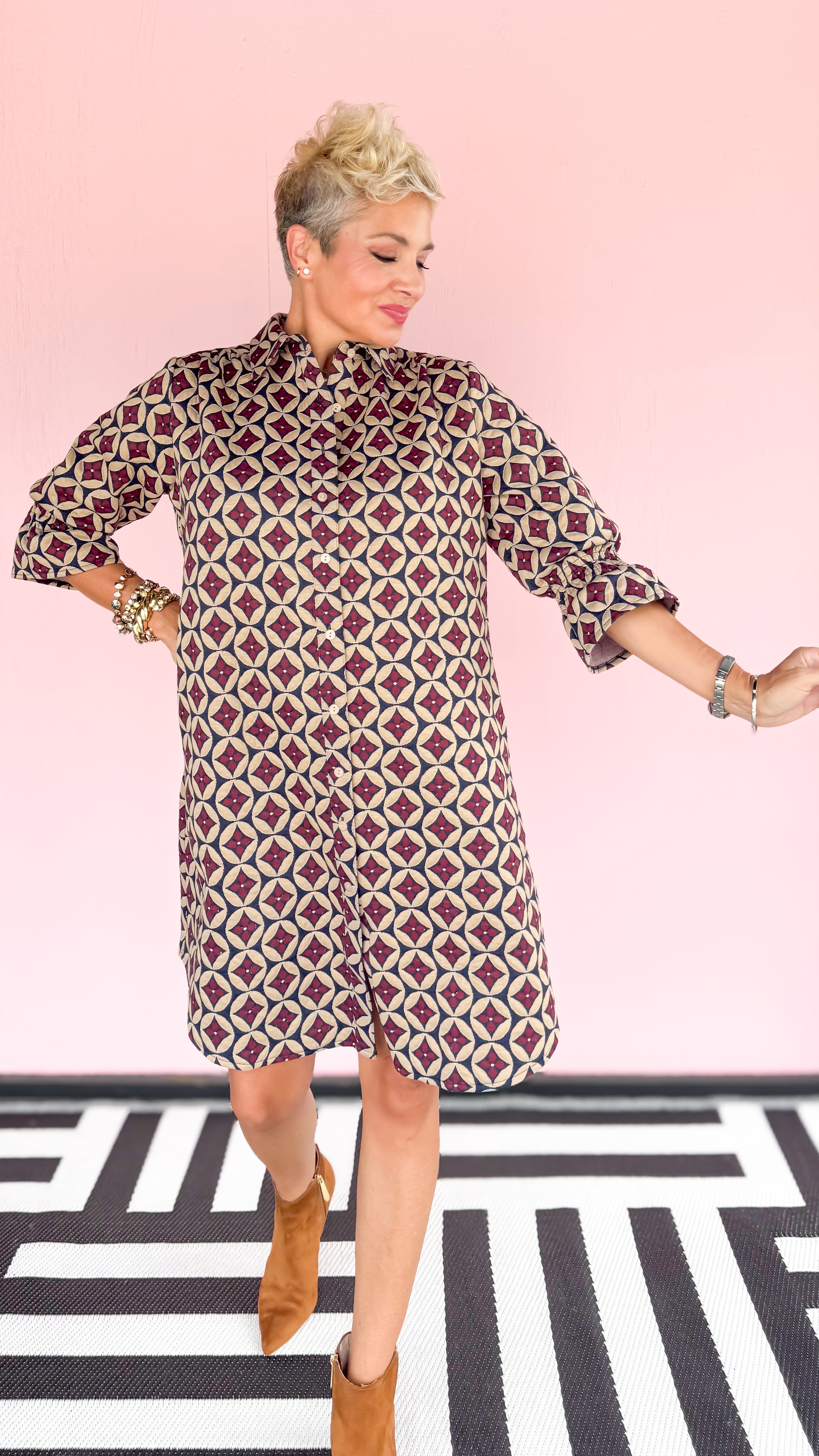 Burgundy Navy Patterned Dress