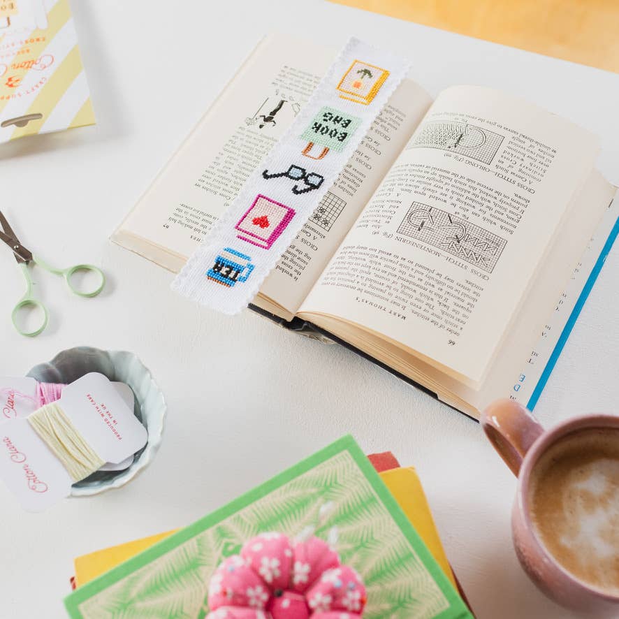 Bookish counted cross stitch bookmark kit product photo - styled view - BLVD Boutik