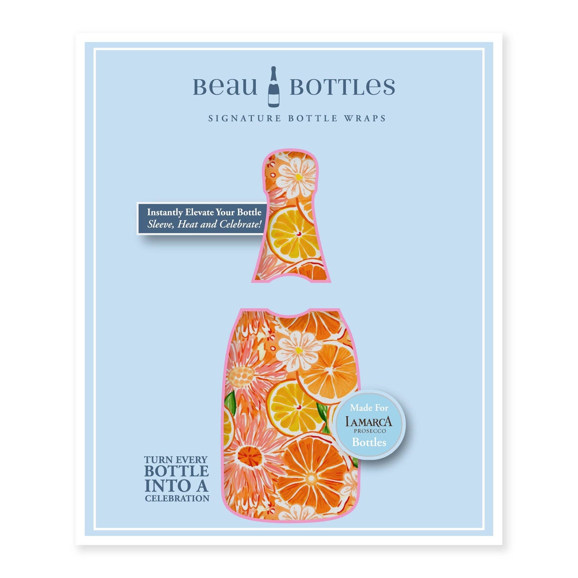 Beau Bottles Preppy Watercolor Oranges La Marca prosecco bottle wrap — close-up view — BLVD Boutik