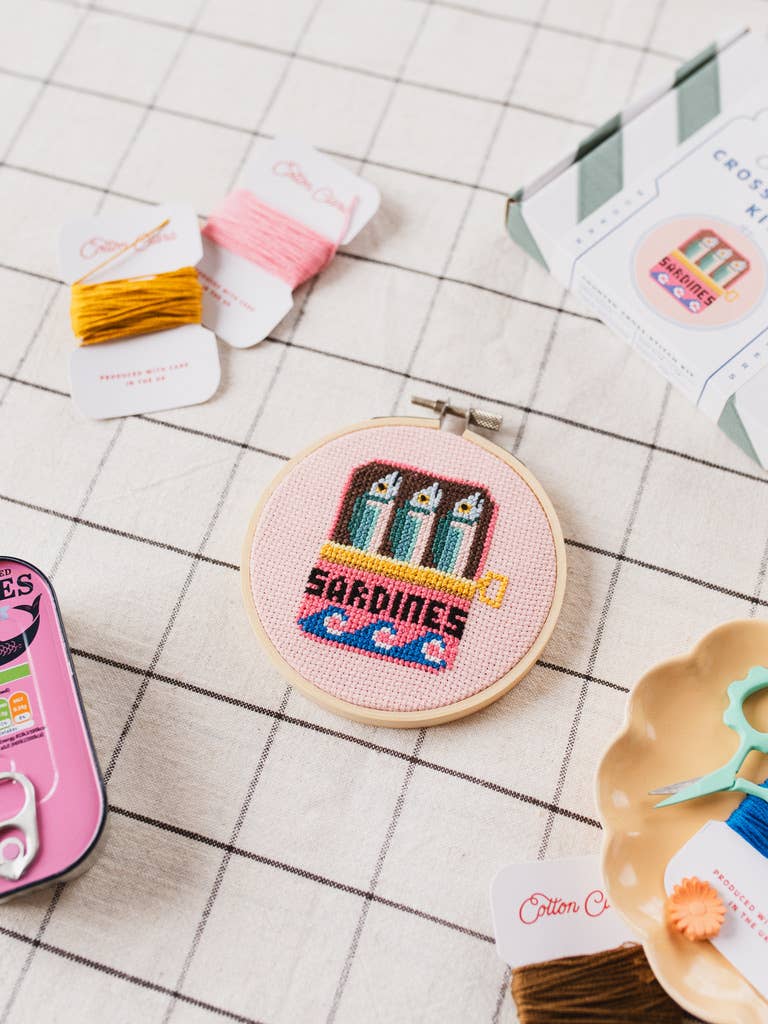 Sardines cross stitch kit product photo - finished view - BLVD Boutik