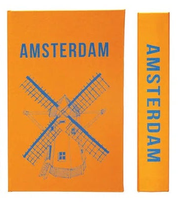 Set of travel-themed notebooks with city names and icons on a white background