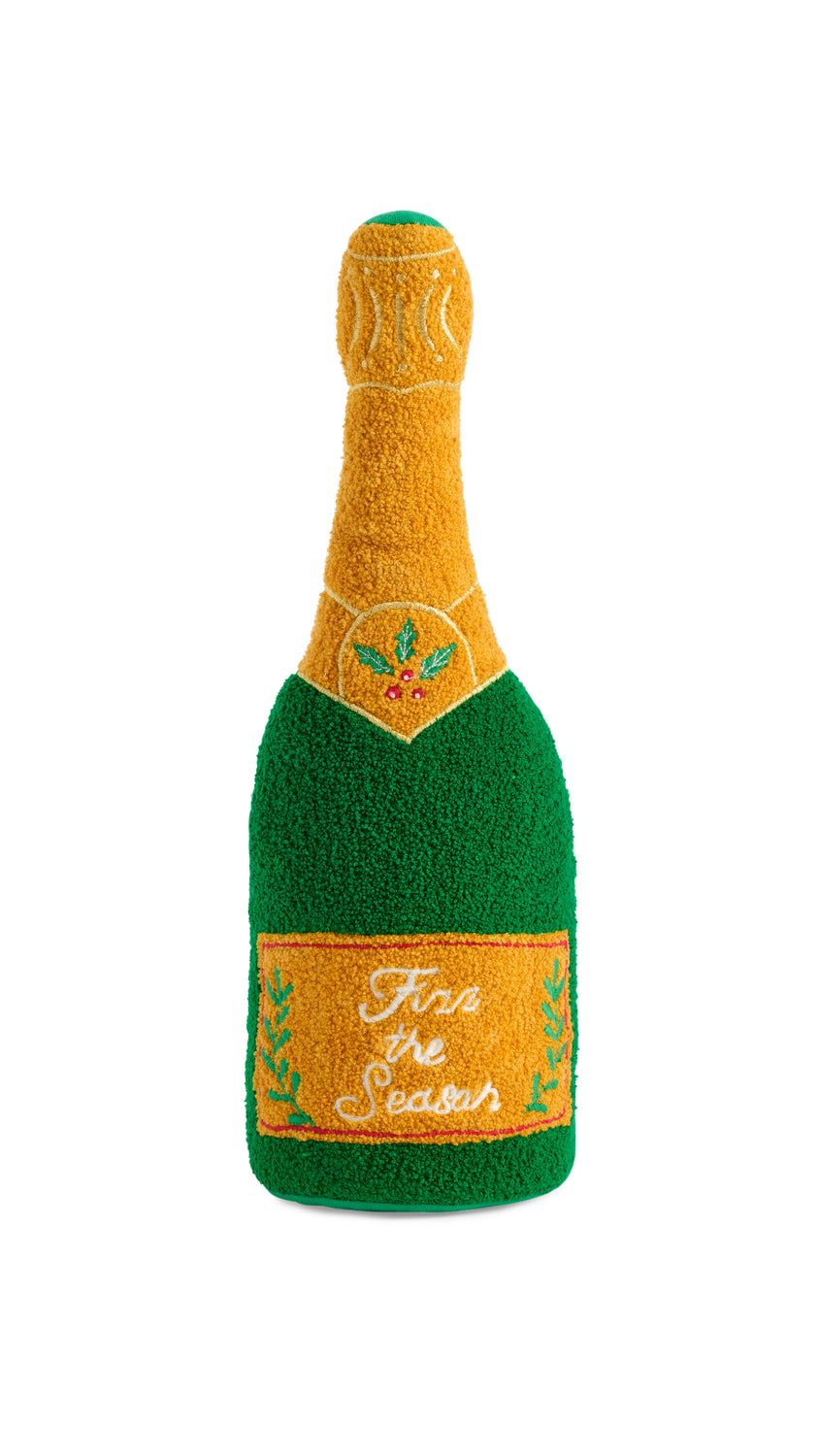 Shiraleah Fizz The Season Champagne Bottle Pillow in green and gold, tufted cotton-polyester with embroidered label, front view