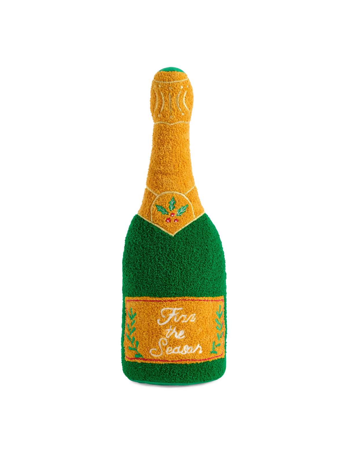 Shiraleah Fizz The Season Champagne Bottle Pillow in green and gold, tufted texture with embroidered Fizz the Season label, full front view