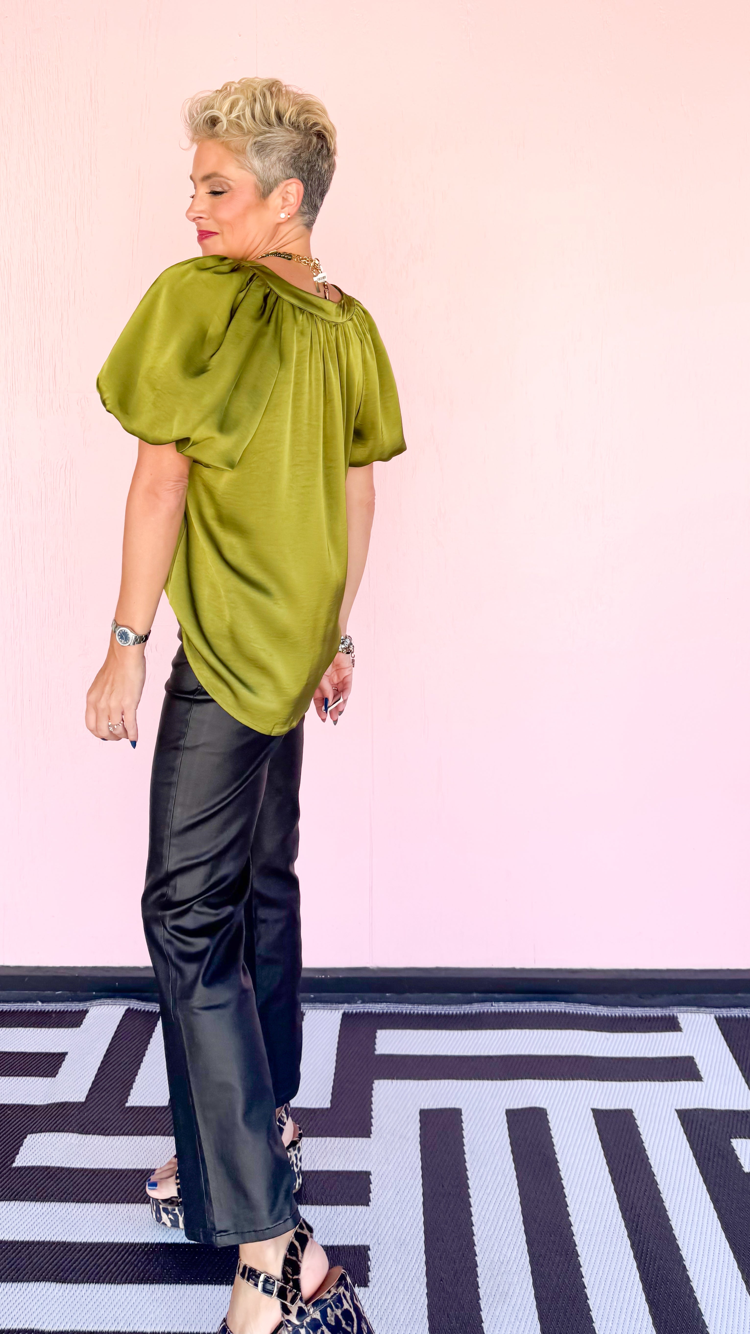 V-Neck Puff Sleeve Satin Top/Olive - The BLVD
