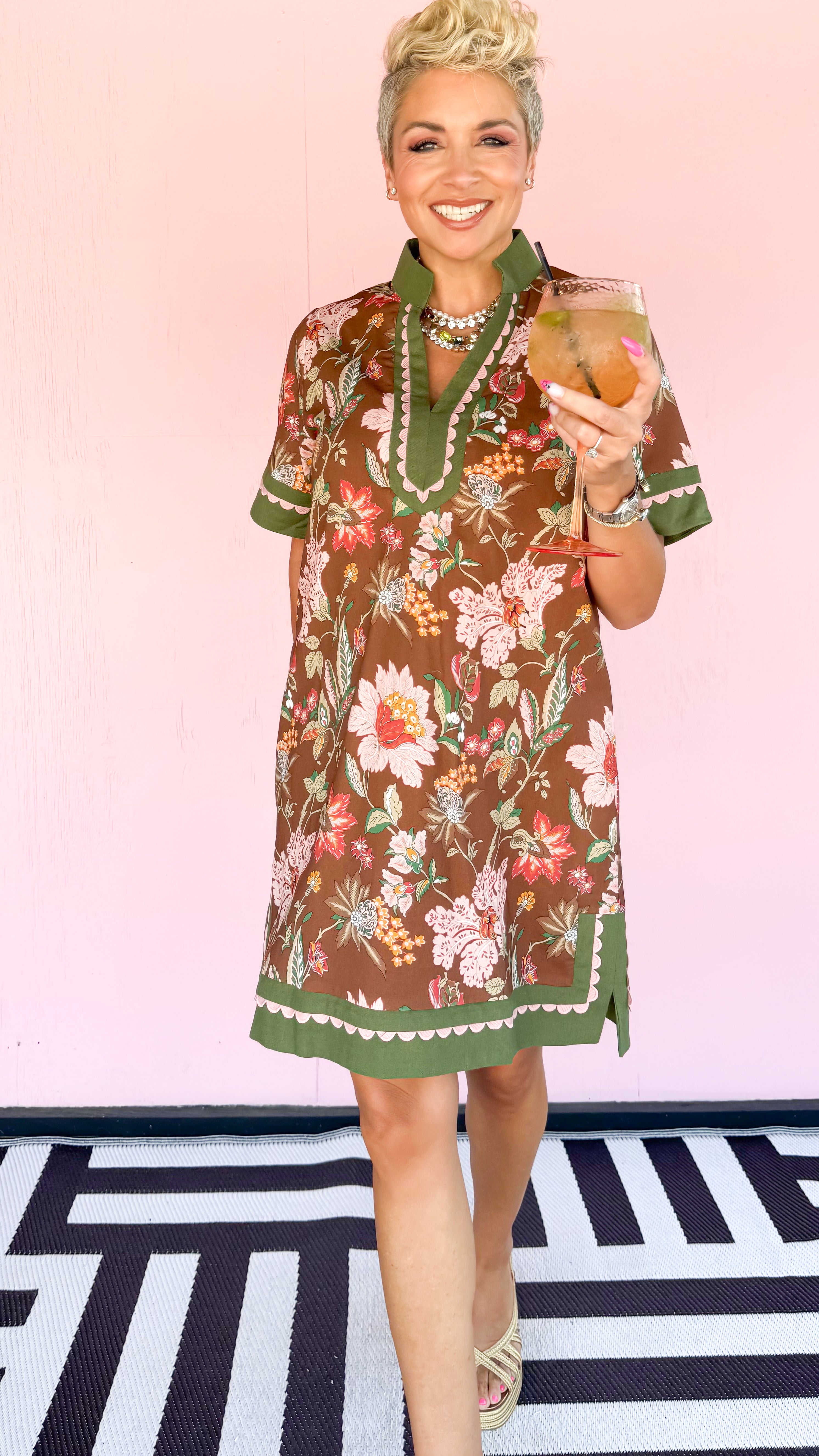 Hollis Short VNeck Floral Dress/Brown