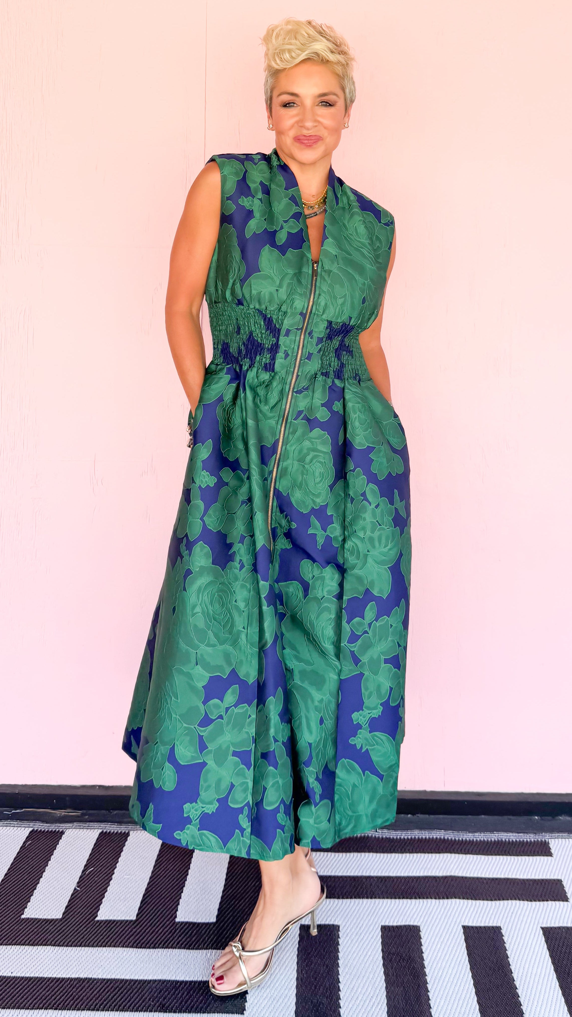 Bold Floral Jacquard Zip Dress/Blue&Green