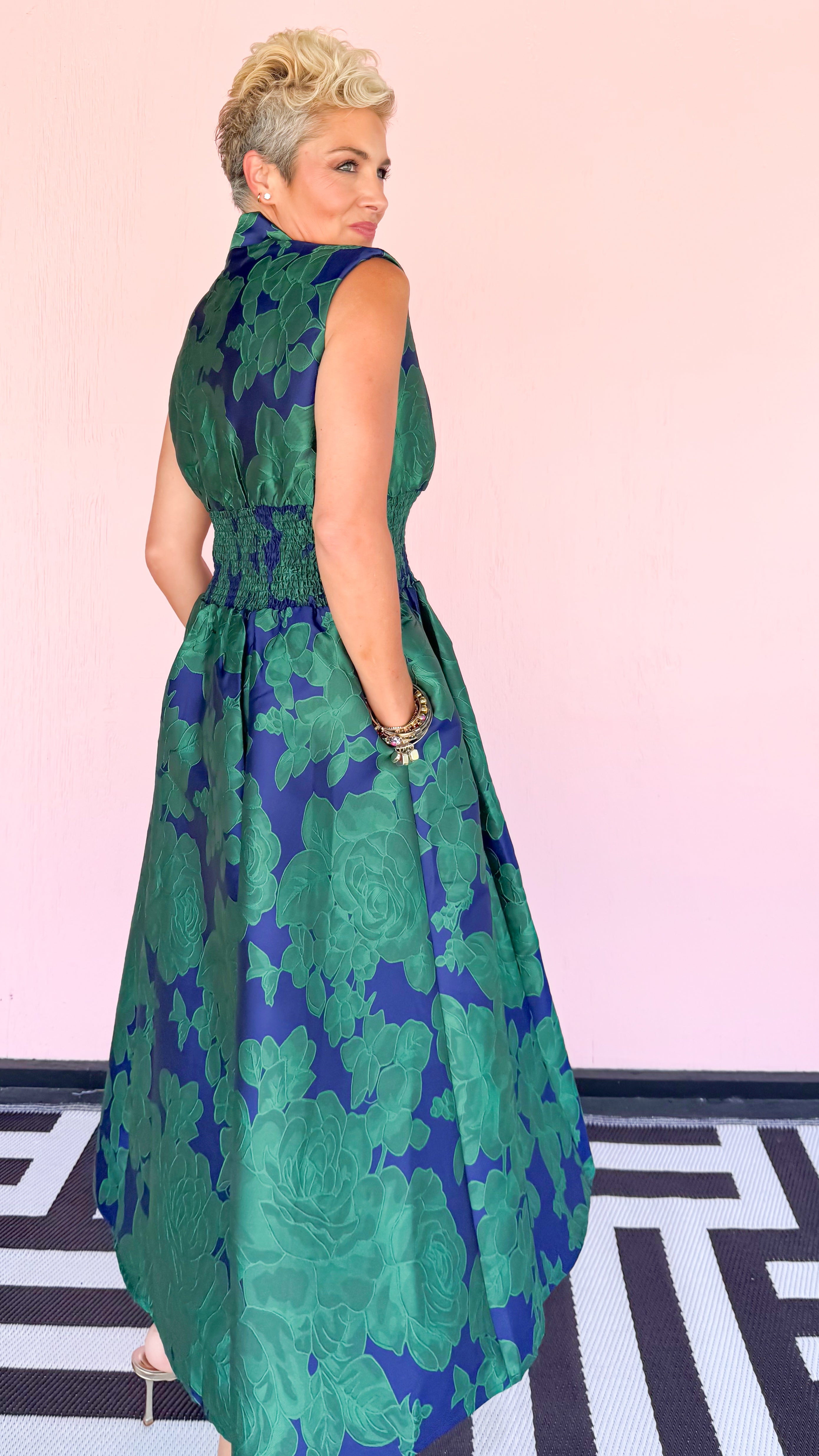Bold Floral Jacquard Zip Dress/Blue&Green
