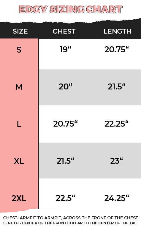 Edgy sizing chart for clothing with size labels, chest measurements, and lengths.