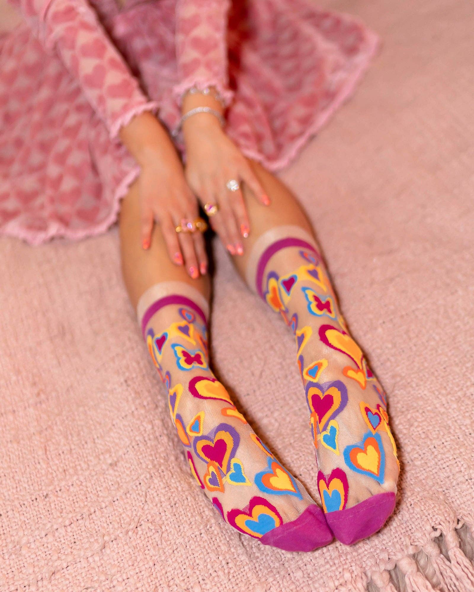 Y2K Hearts ruffle sheer crew sock product photo - close-up - BLVD Boutik