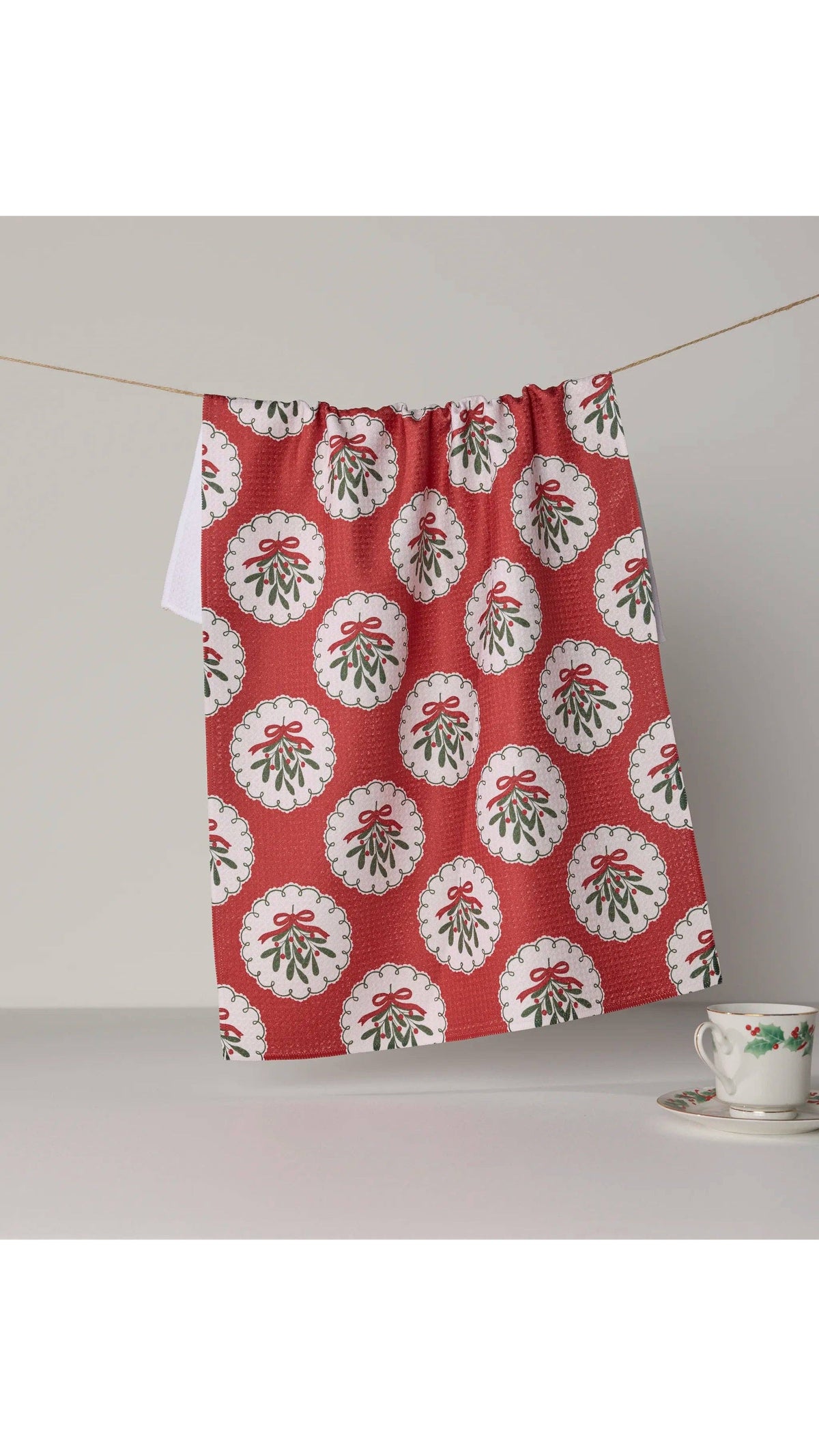 Geometry Merry Mistletoe Christmas tea towel, 18 x 30, full view on white