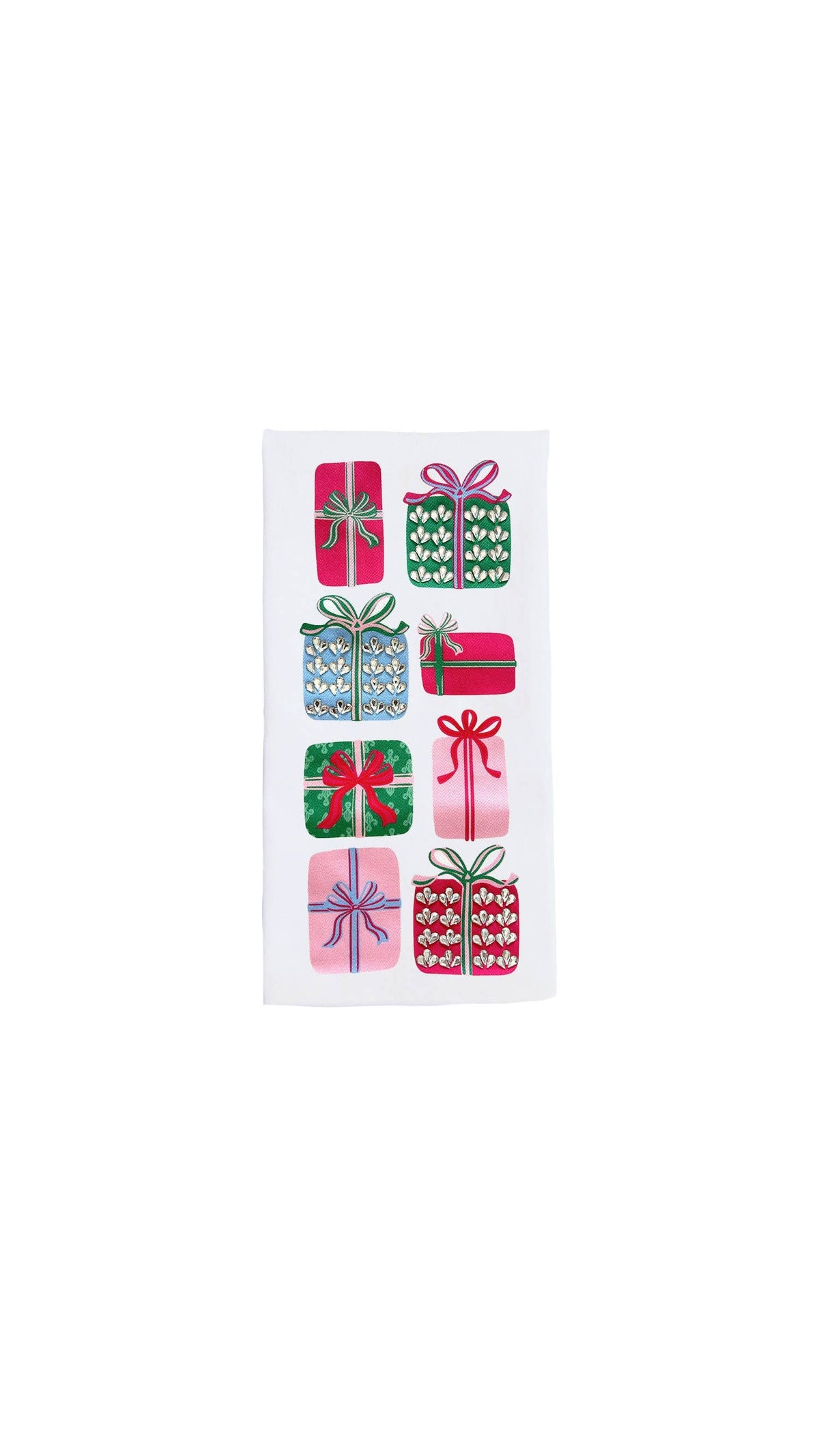Mary Square Wrapped In Cheer Christmas tea towel, full view on white