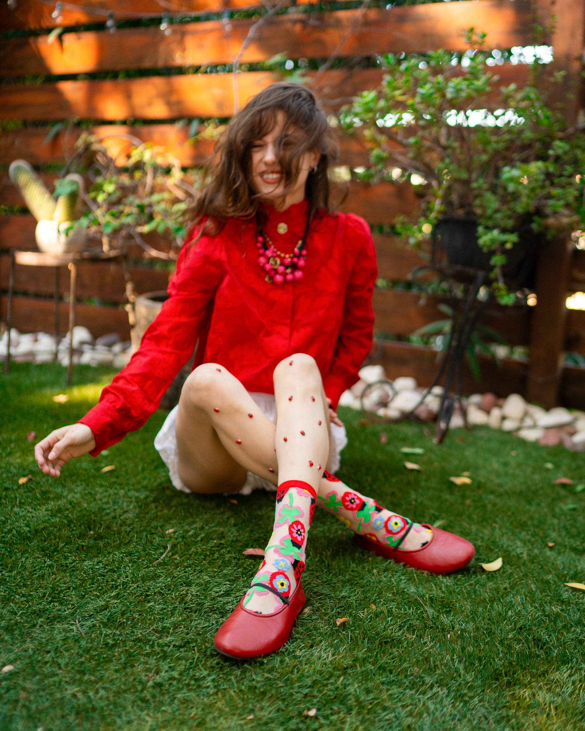 Lucky Ladybug sheer crew sock product photo - full view - BLVD Boutik