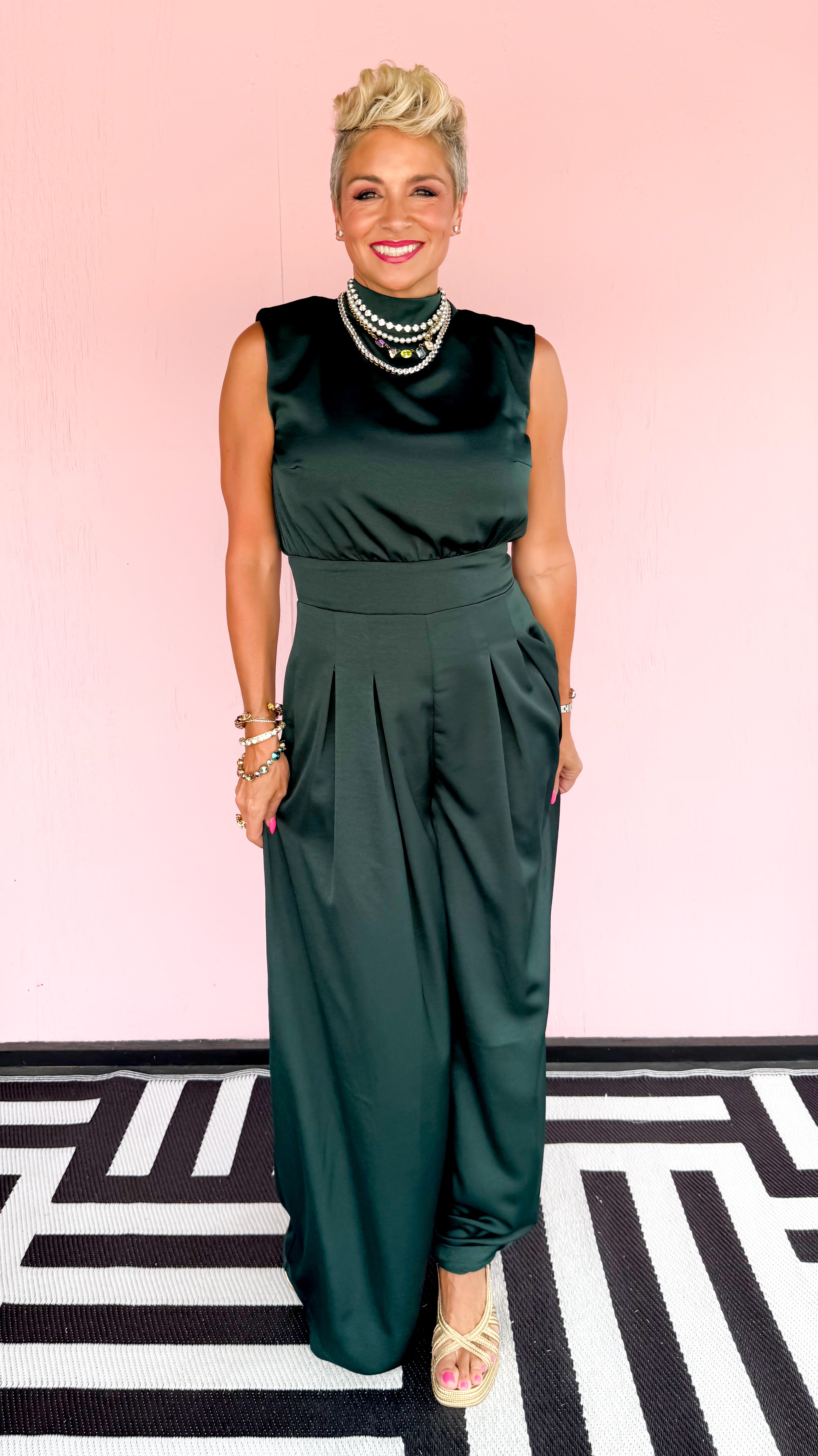 Mock Neck Sleeveless Jumpsuit/Green