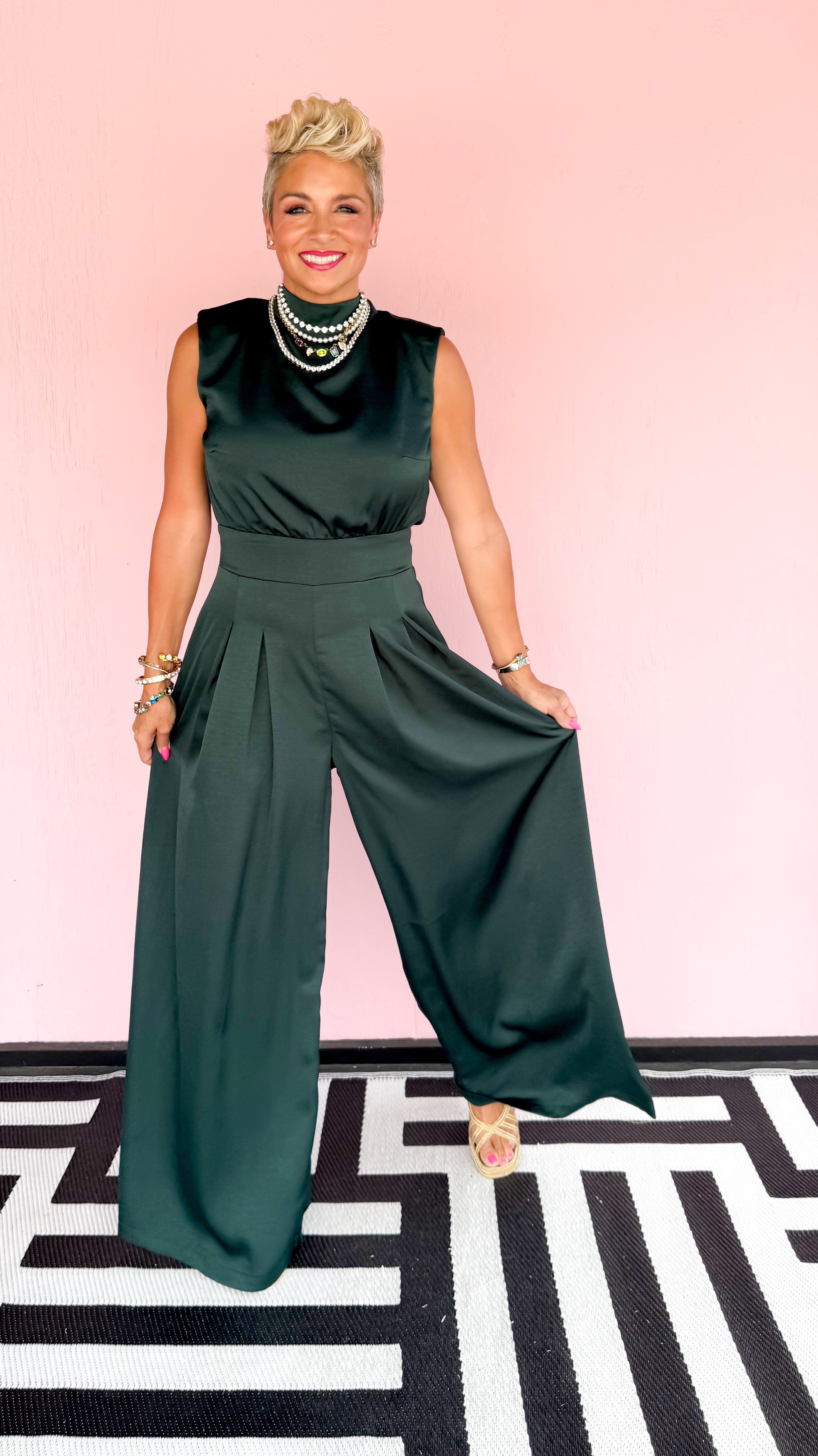 Mock Neck Sleeveless Jumpsuit/Green
