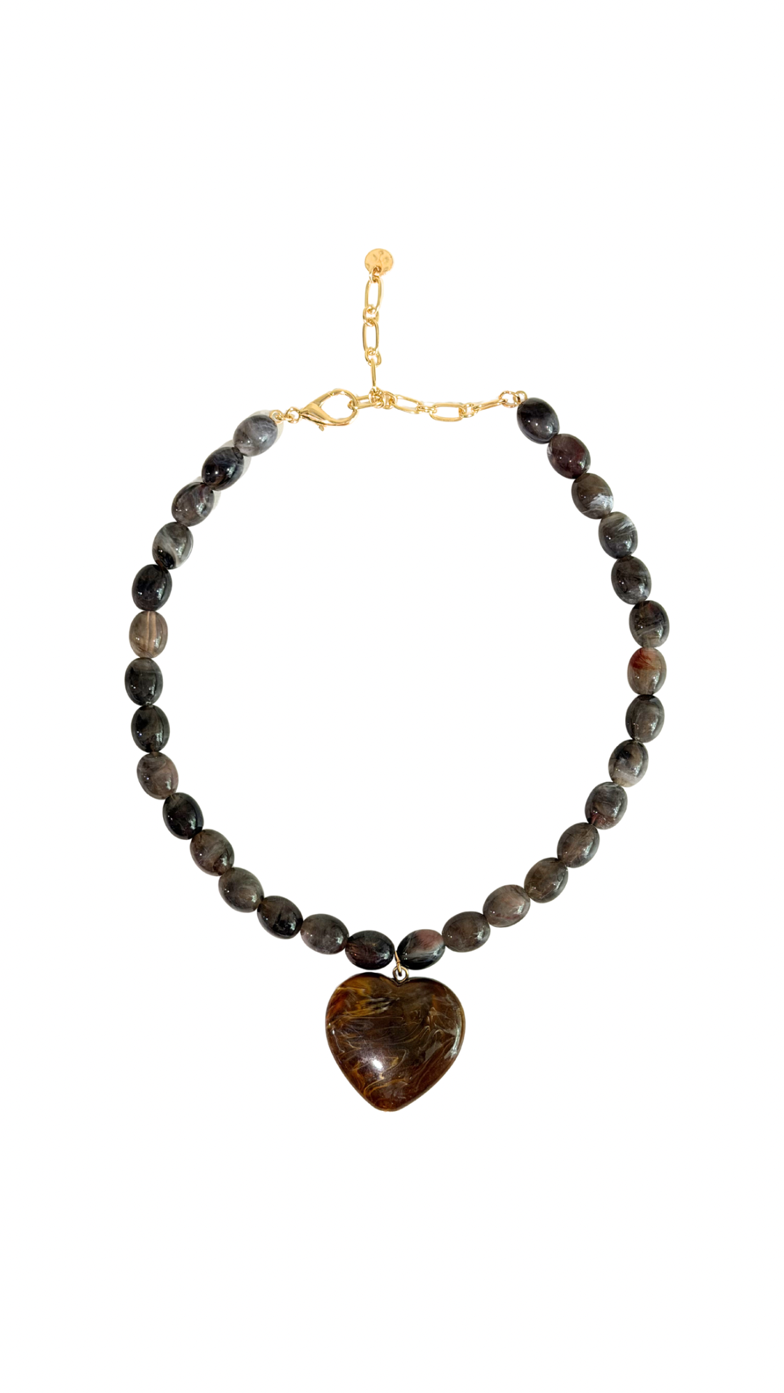 Necklace with heart-shaped brown pendant on a white background