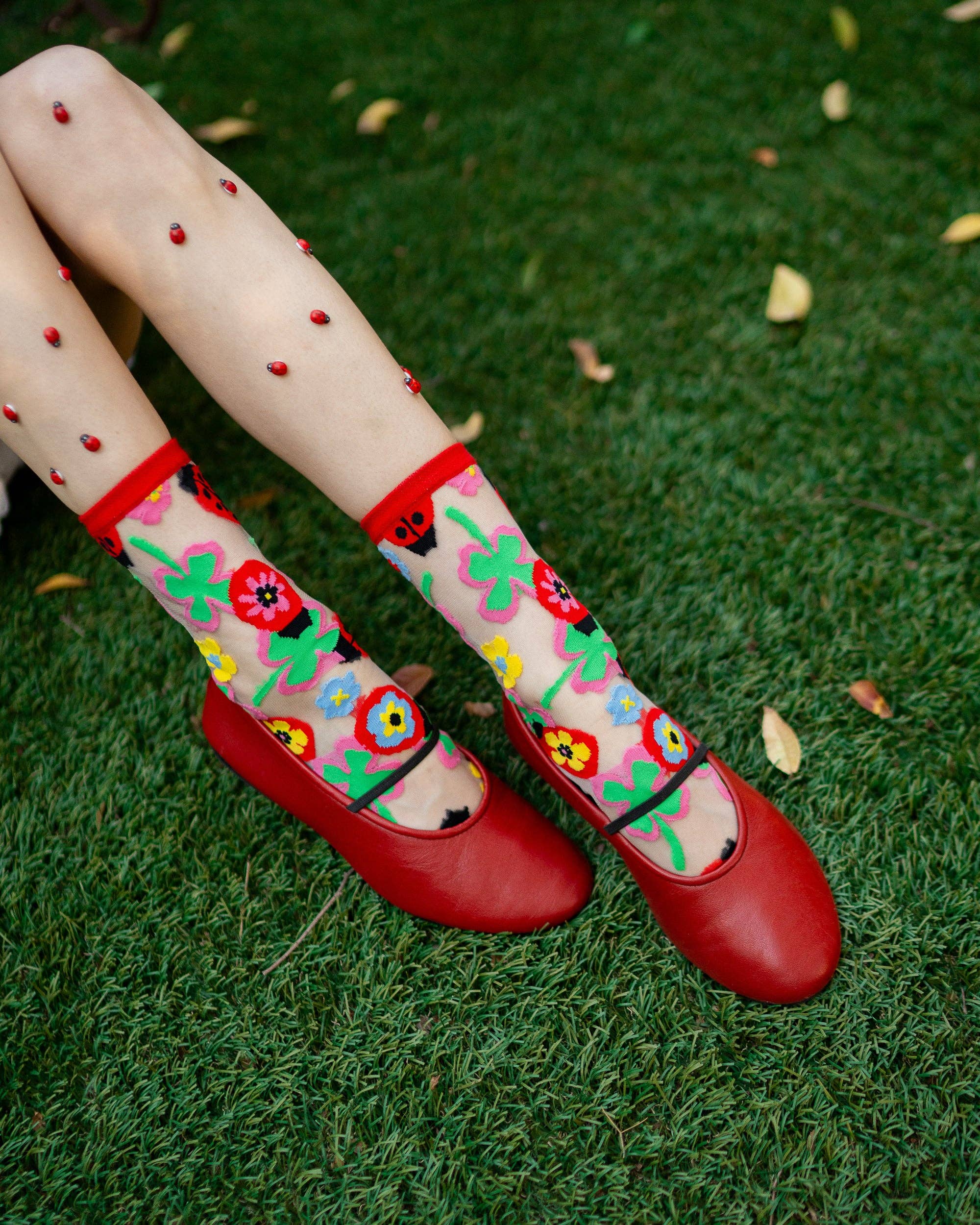 Lucky Ladybug sheer crew sock product photo - detail view - BLVD Boutik