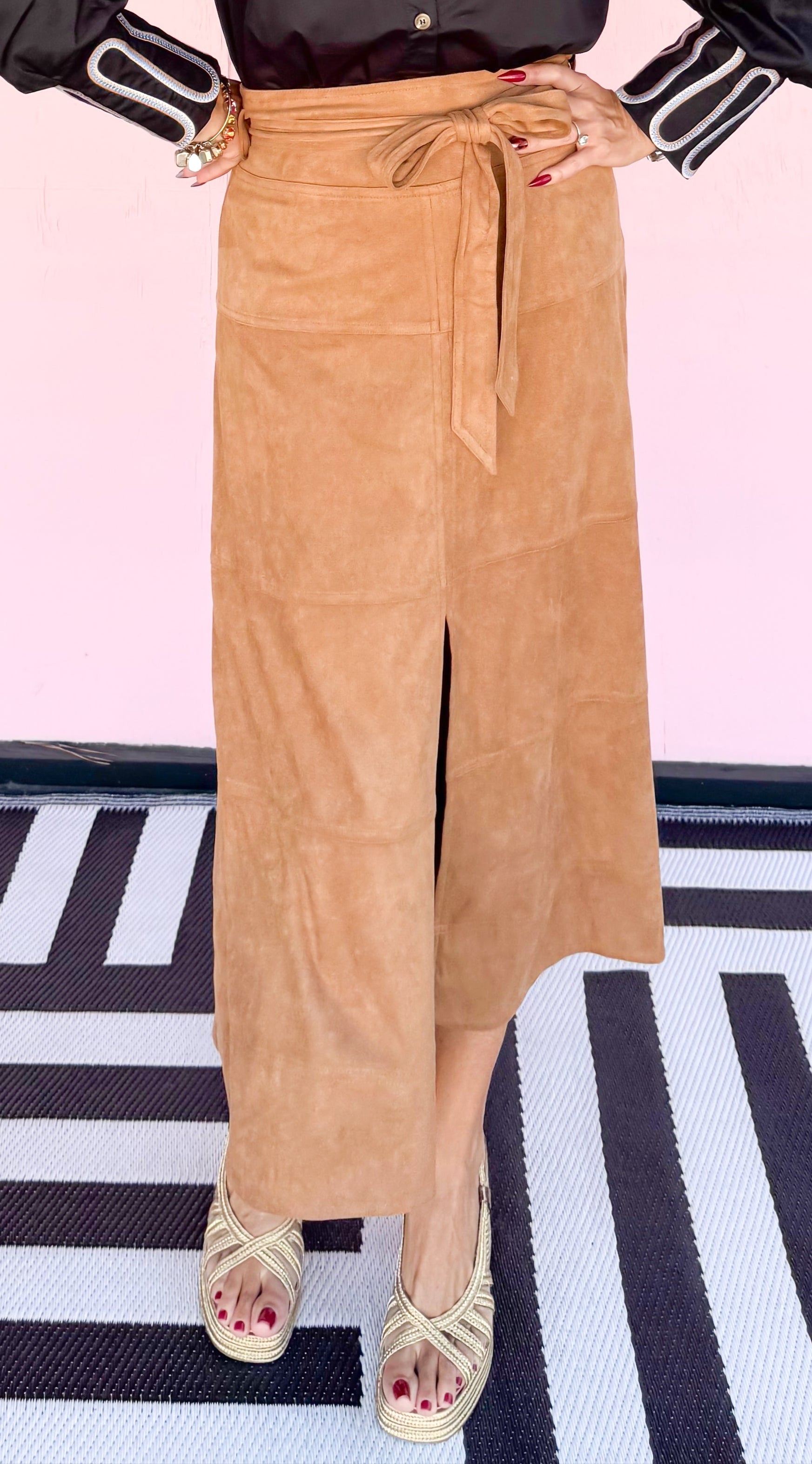 Vegan Suede Skirt w/Sash/Caramel