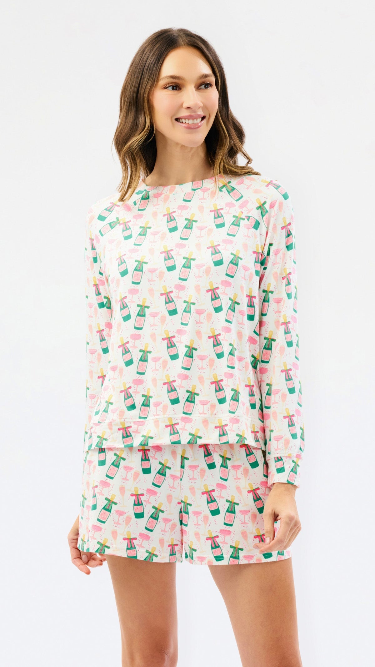 Champagne Toast pajama short set with long-sleeve top and shorts in a pink and green champagne print