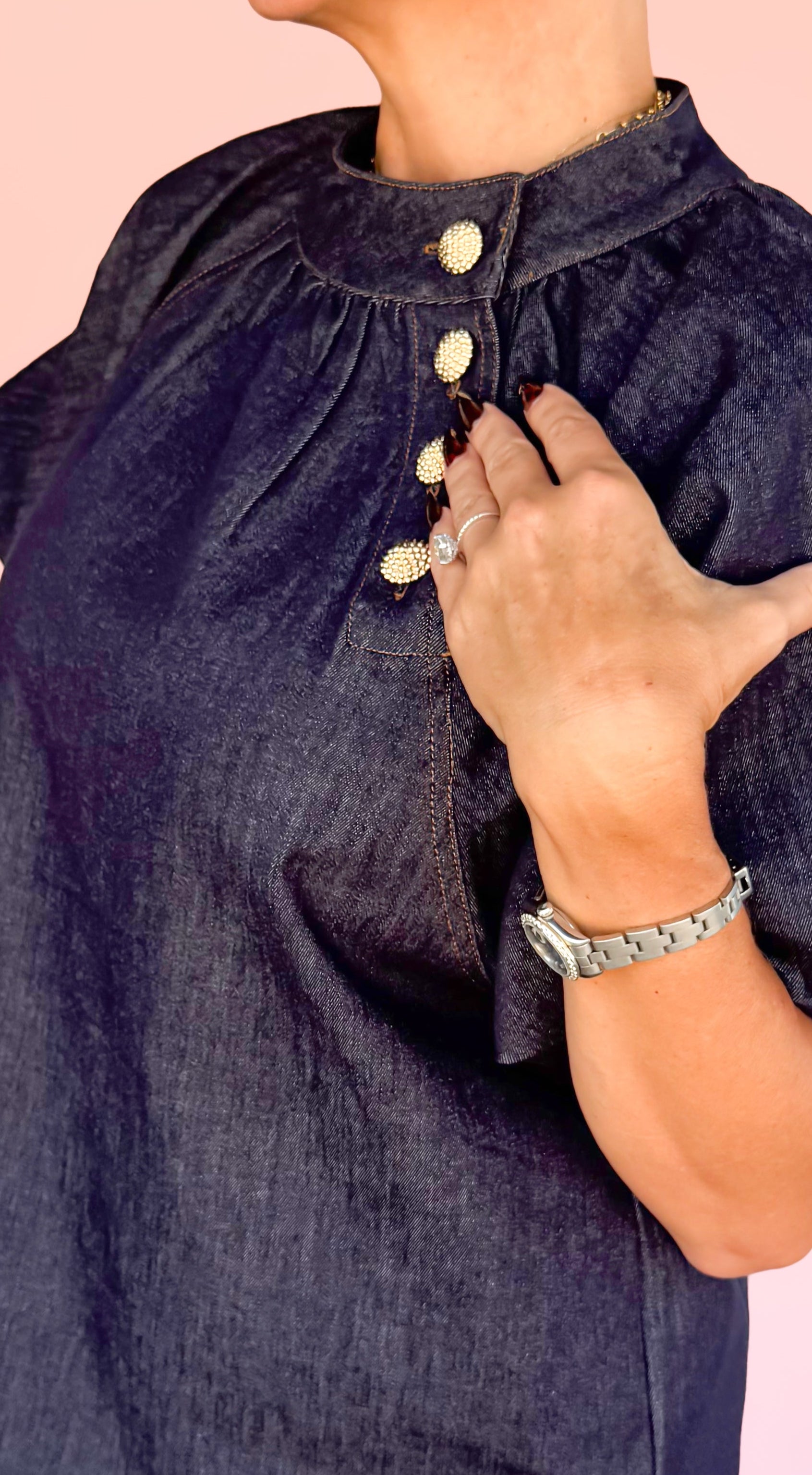 Bubble Sleeve Denim Top Gold Buttons
