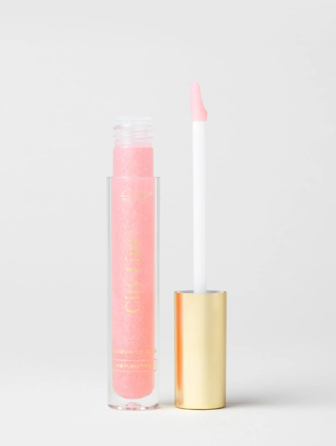 City Lips plumping lip gloss in Tinsel Town, a cool pink shade
