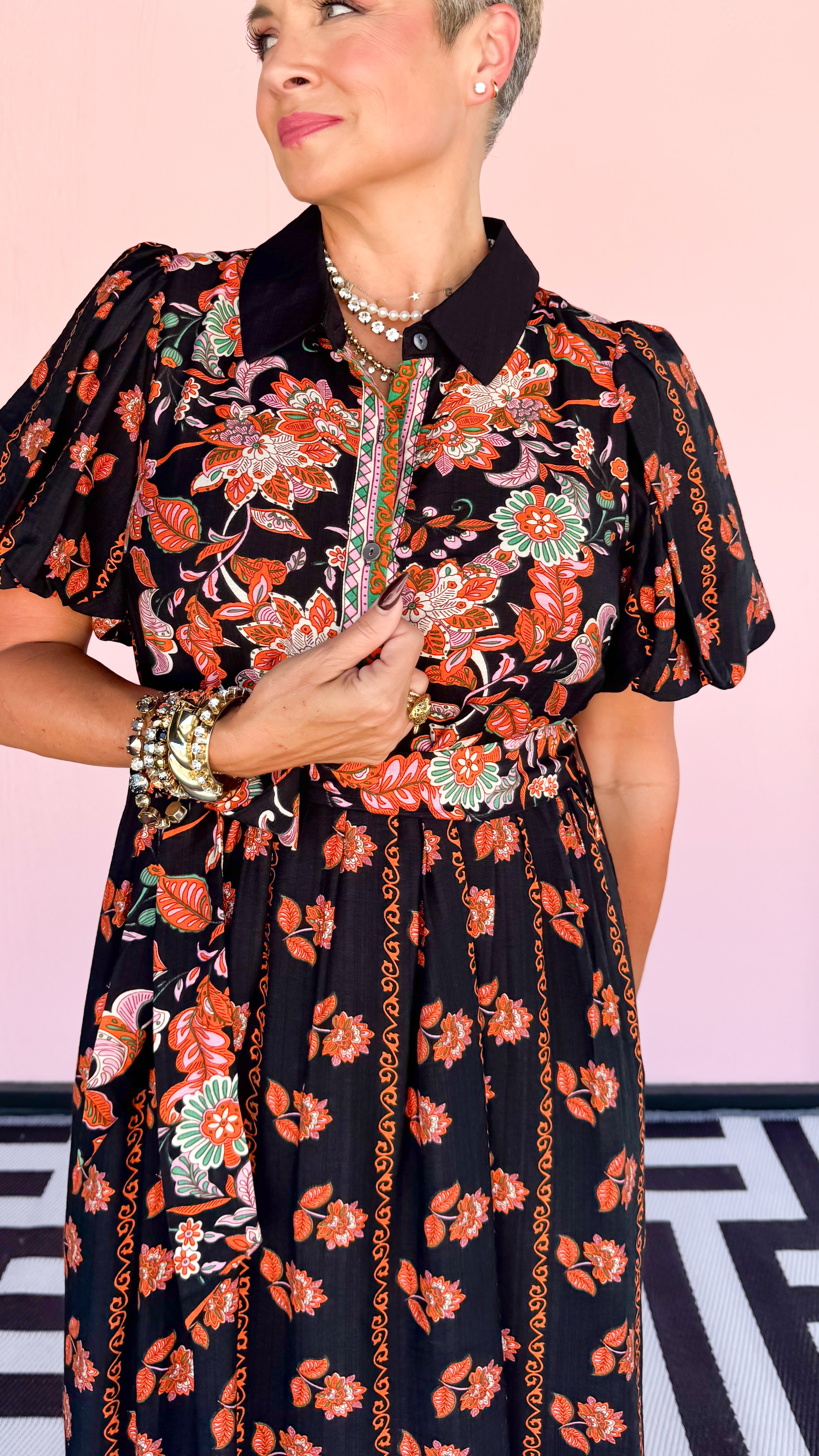 Olivia Bubble Sleeve Floral Dress/Black