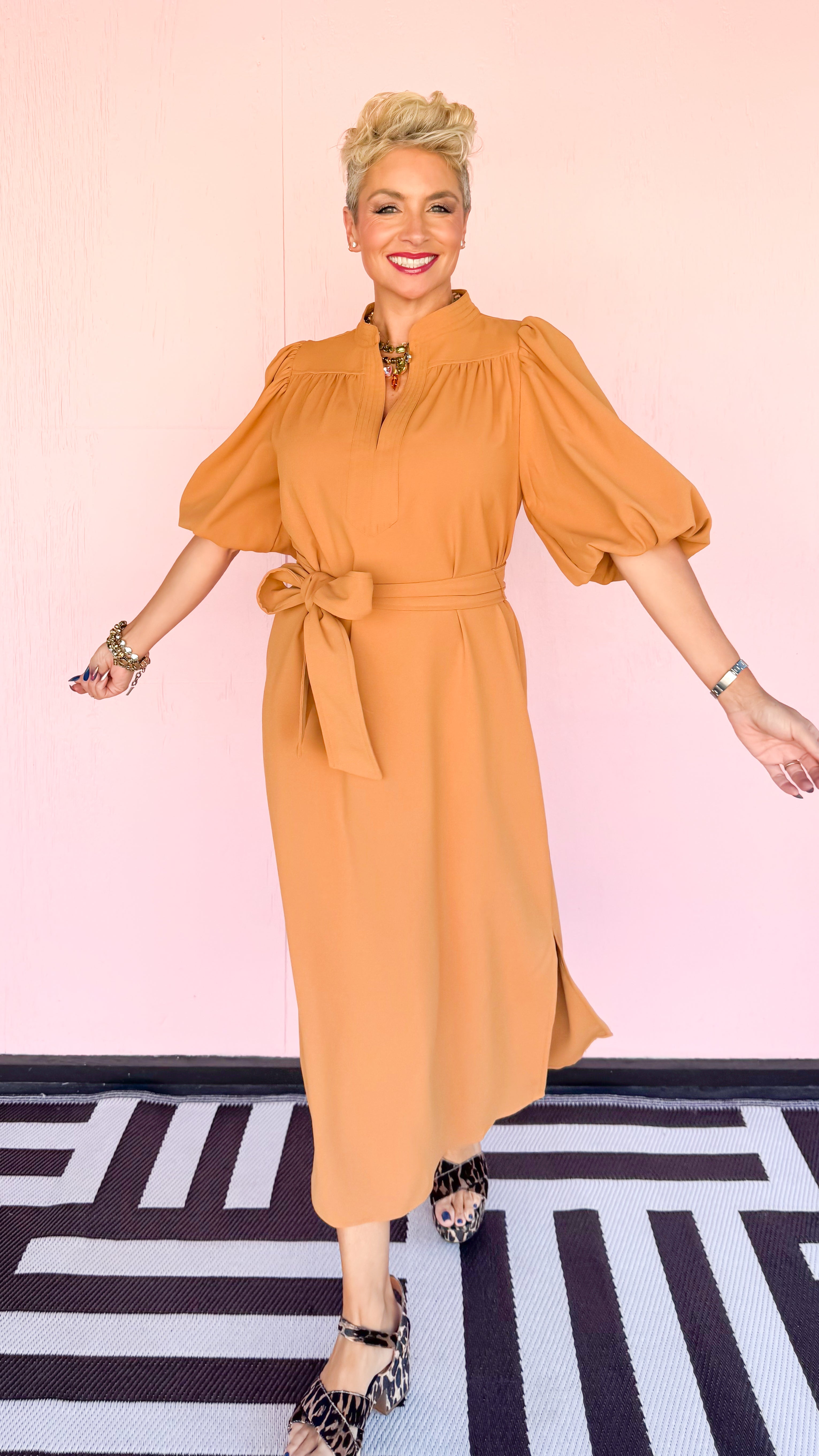 Bubble Sleeve Midi Dress in Camel