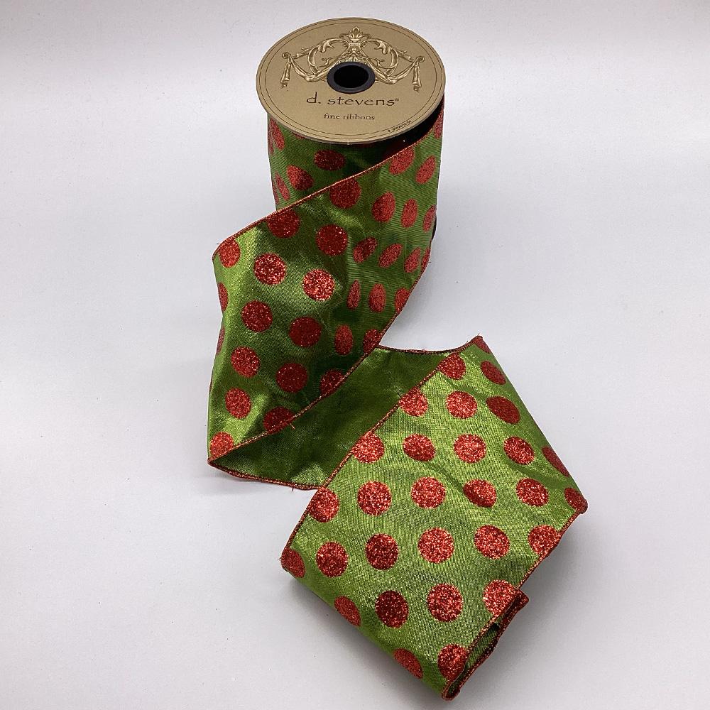 Lime green metallic dupion ribbon with red dots, 4 inch, full view