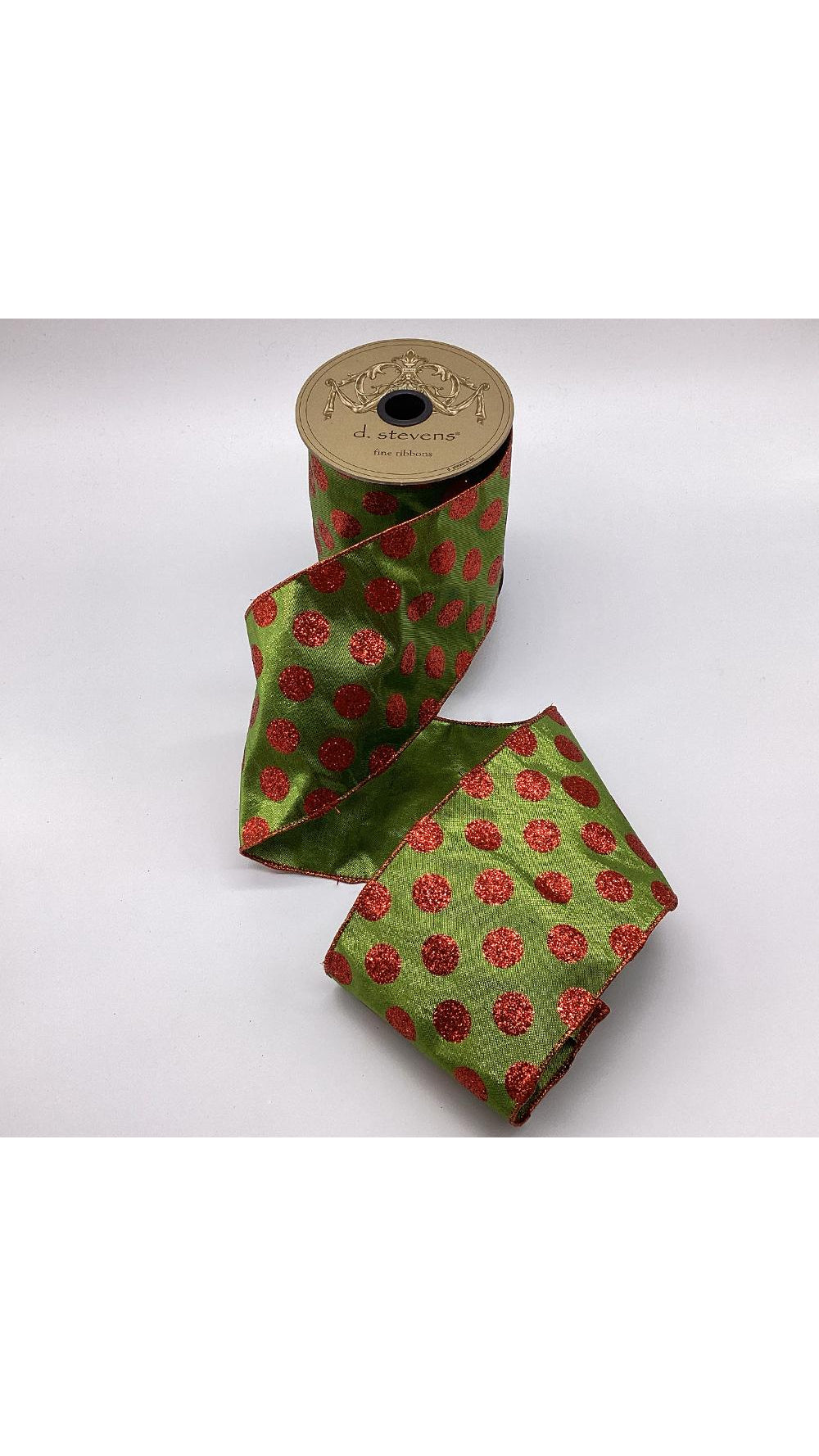 Lime green metallic dupion ribbon with red dots, 4 inch, full view on white