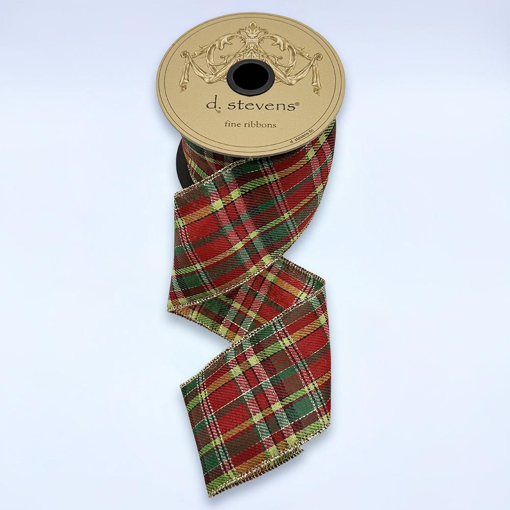 Gold, lime, emerald, and red poplin plaid ribbon, 2.5 inch, full view