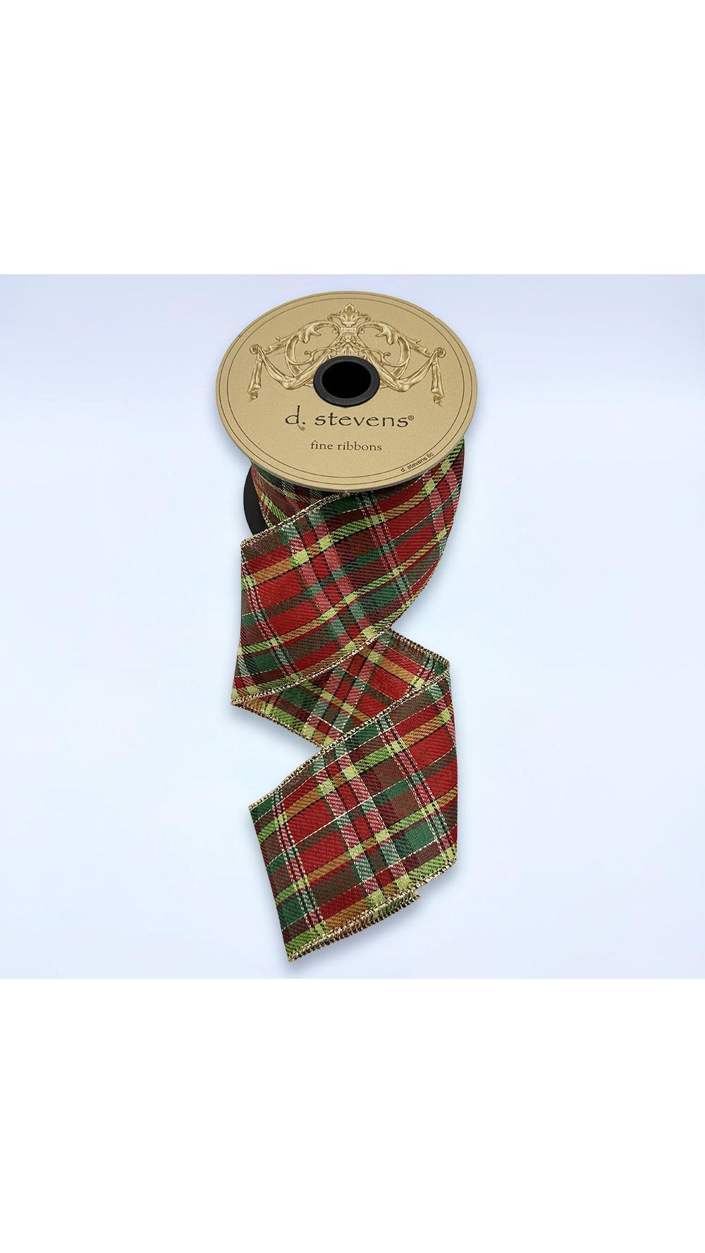 Gold, lime, emerald, and red poplin plaid ribbon, 2.5 inch, full view on white