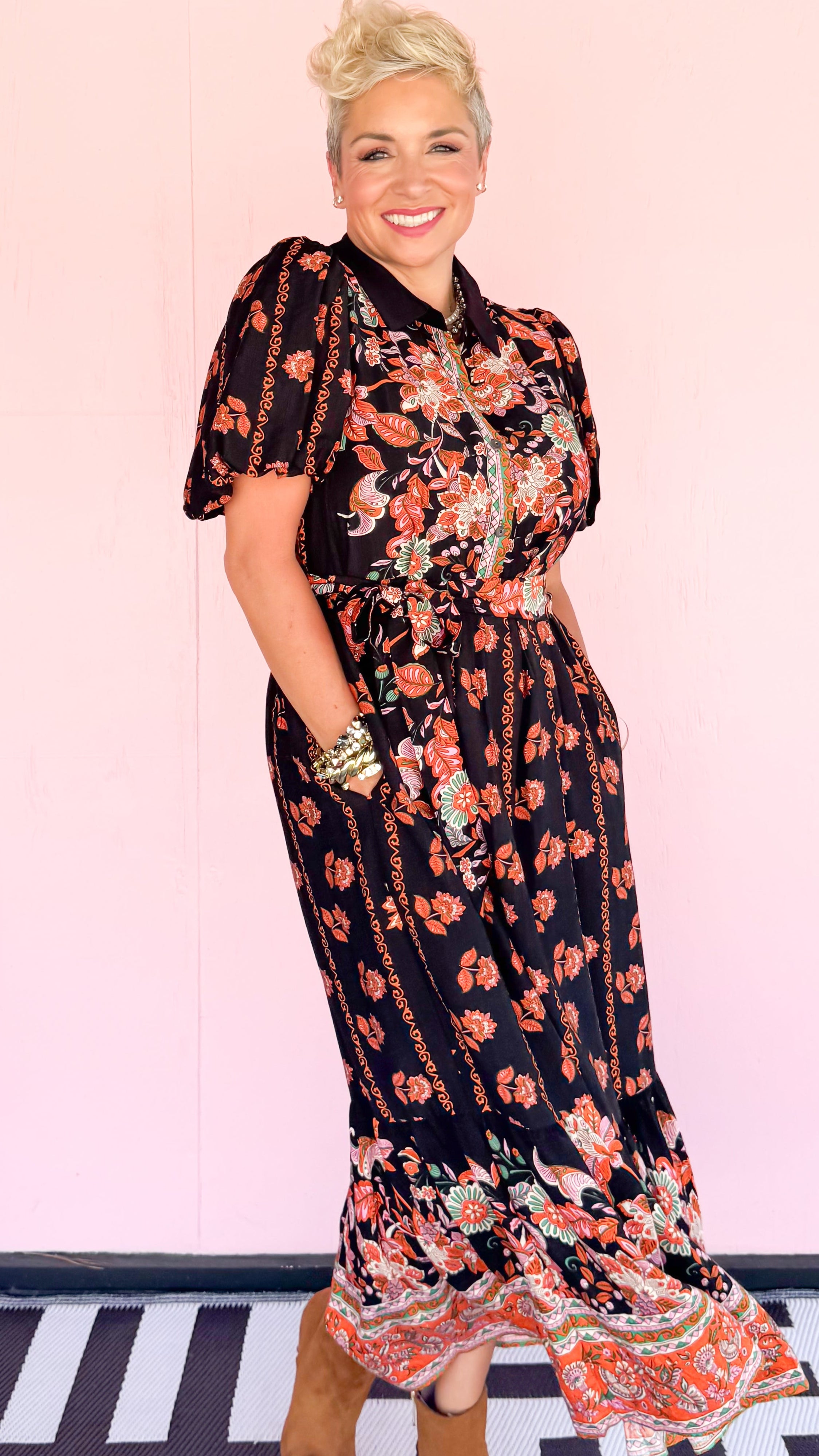 Olivia Bubble Sleeve Floral Dress/Black