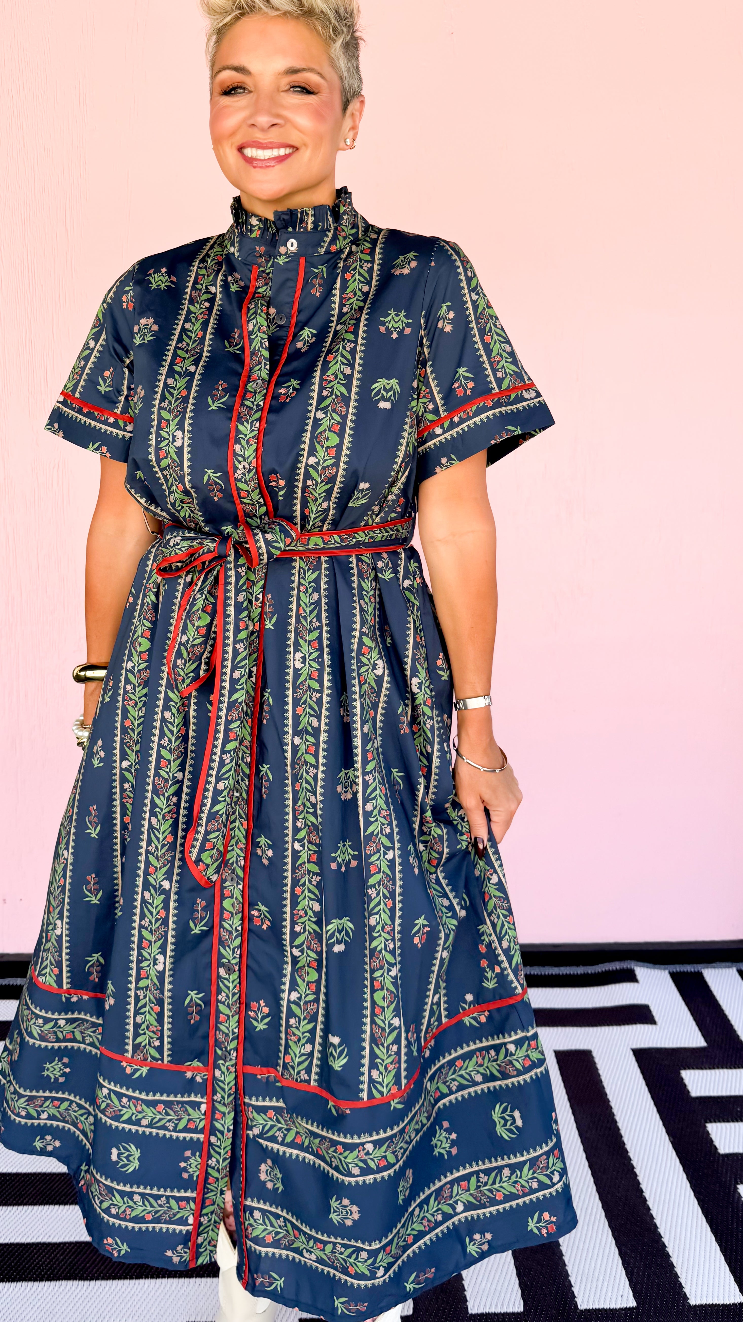 Floral Striped Midi Shirtdress/Navy - The BLVD