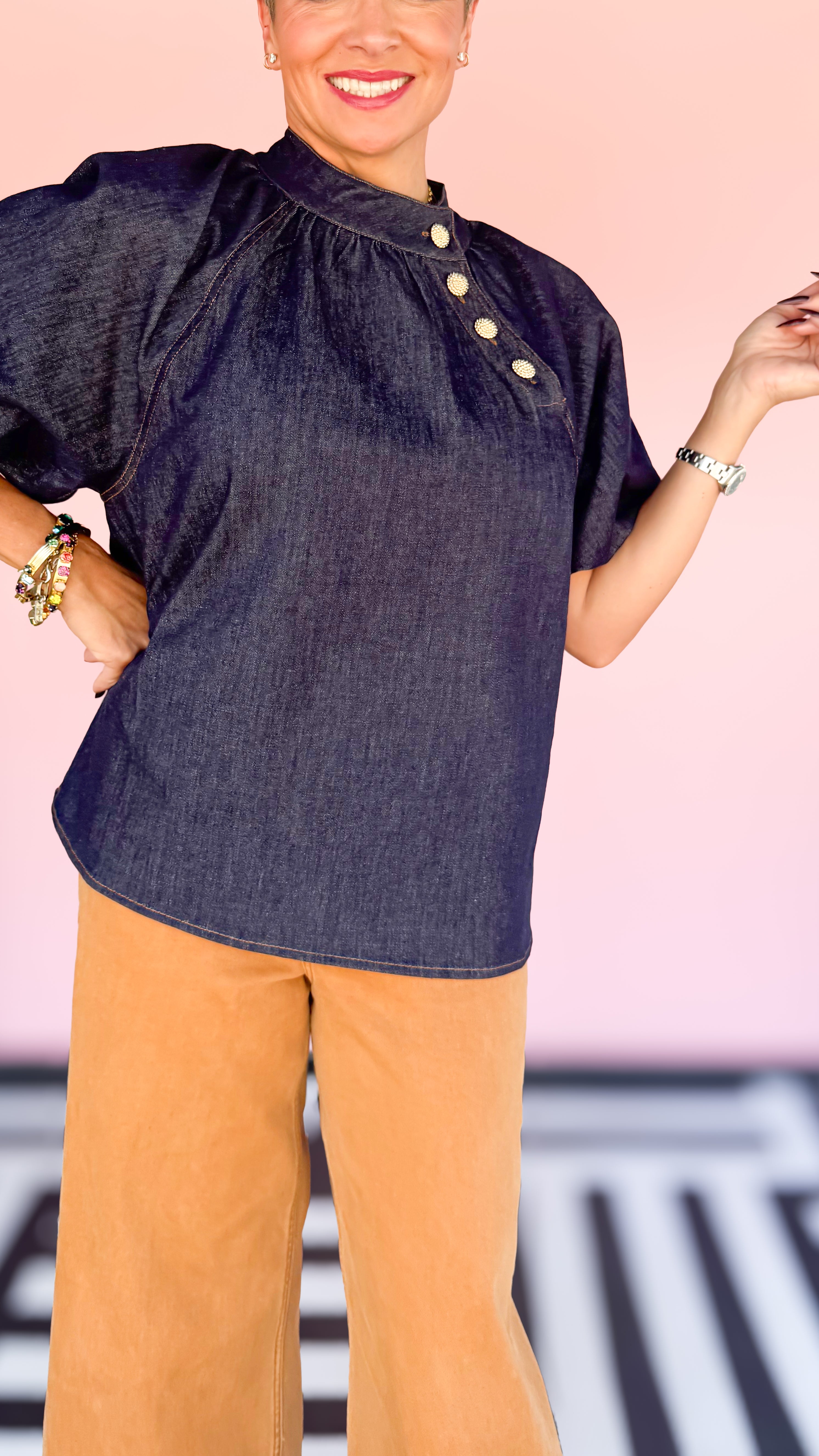 Bubble Sleeve Denim Top Gold Buttons