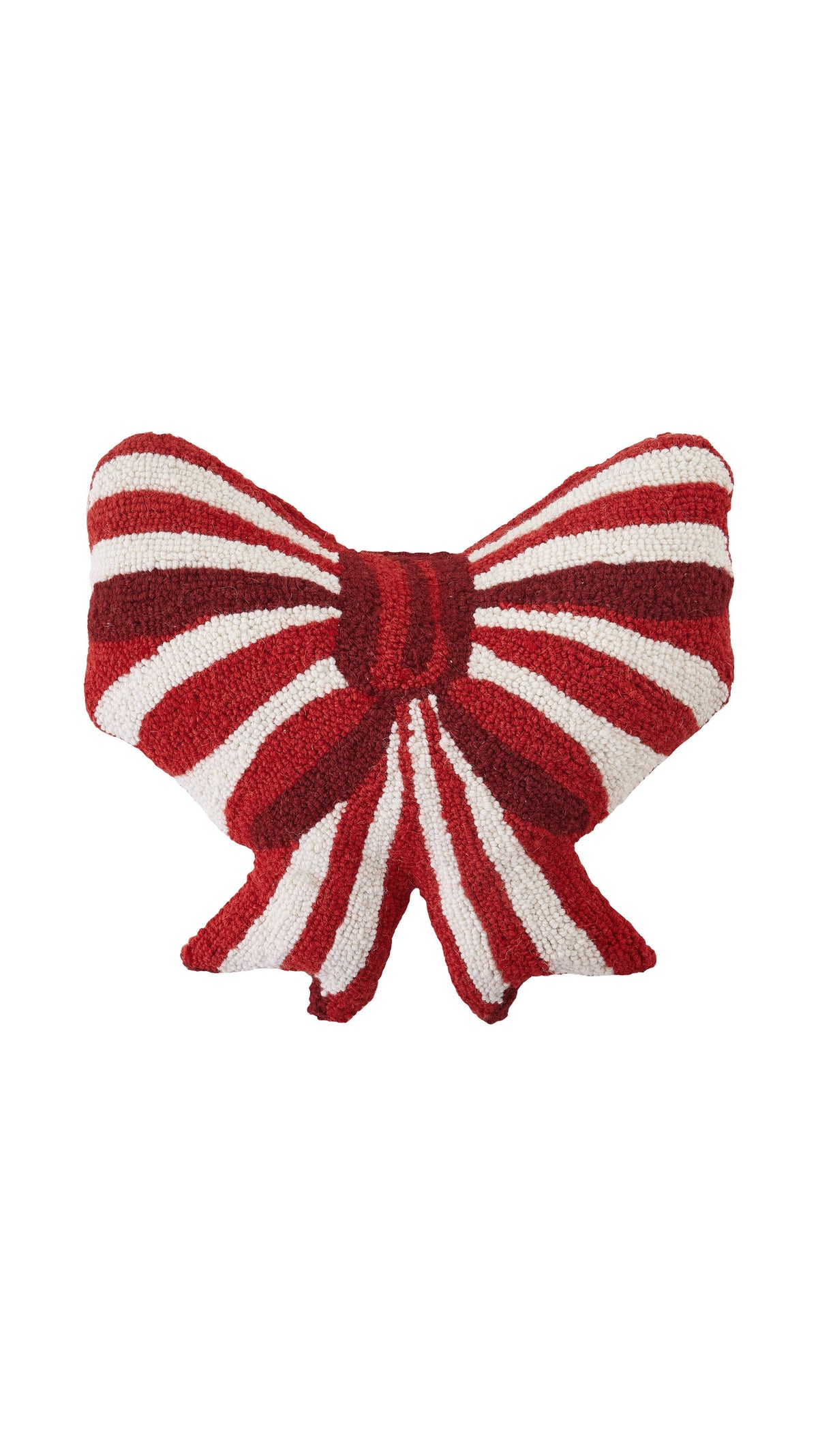 Shaped hooked wool pillow of a red and white bow, full view on white