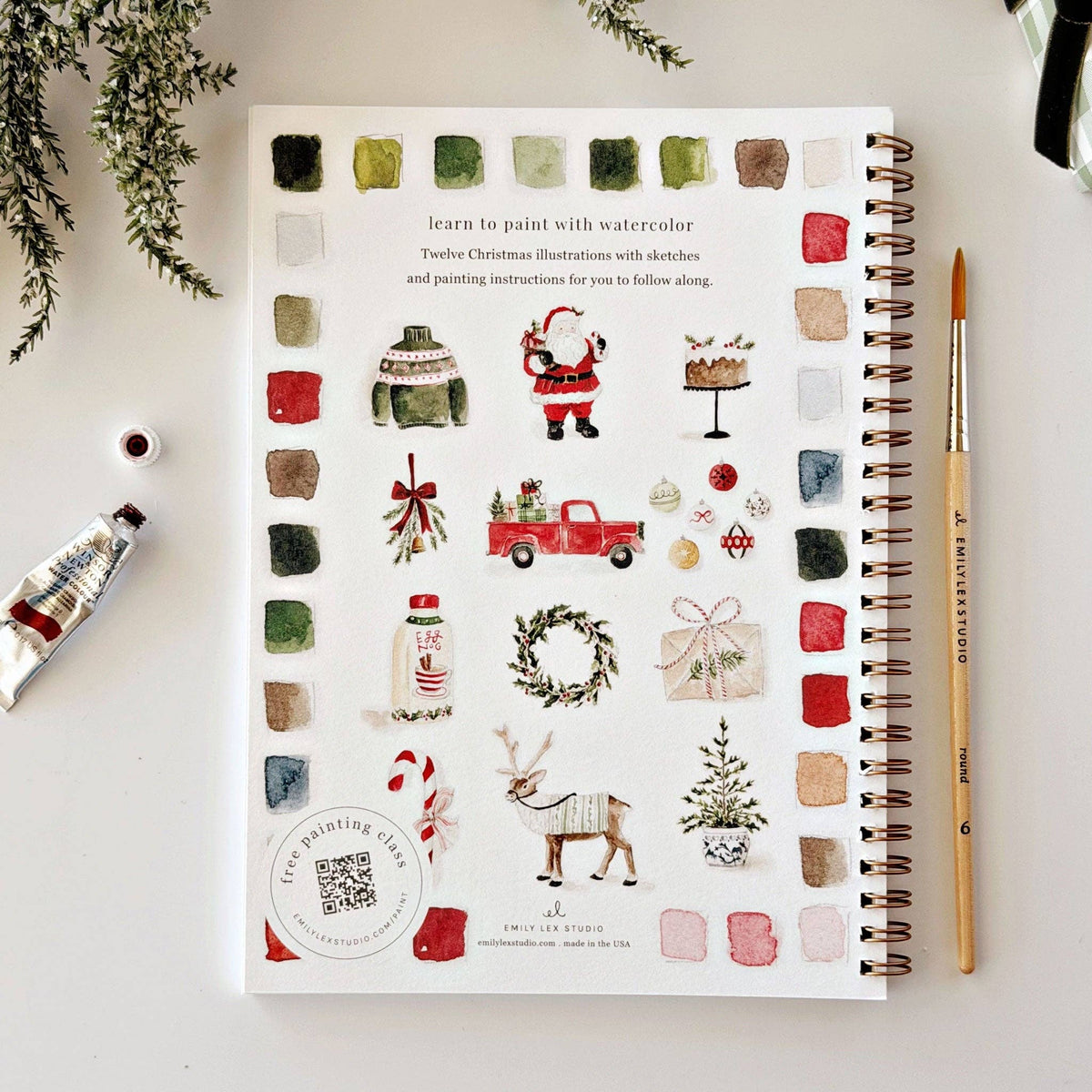 Classic Christmas watercolor workbook back cover showing holiday projects