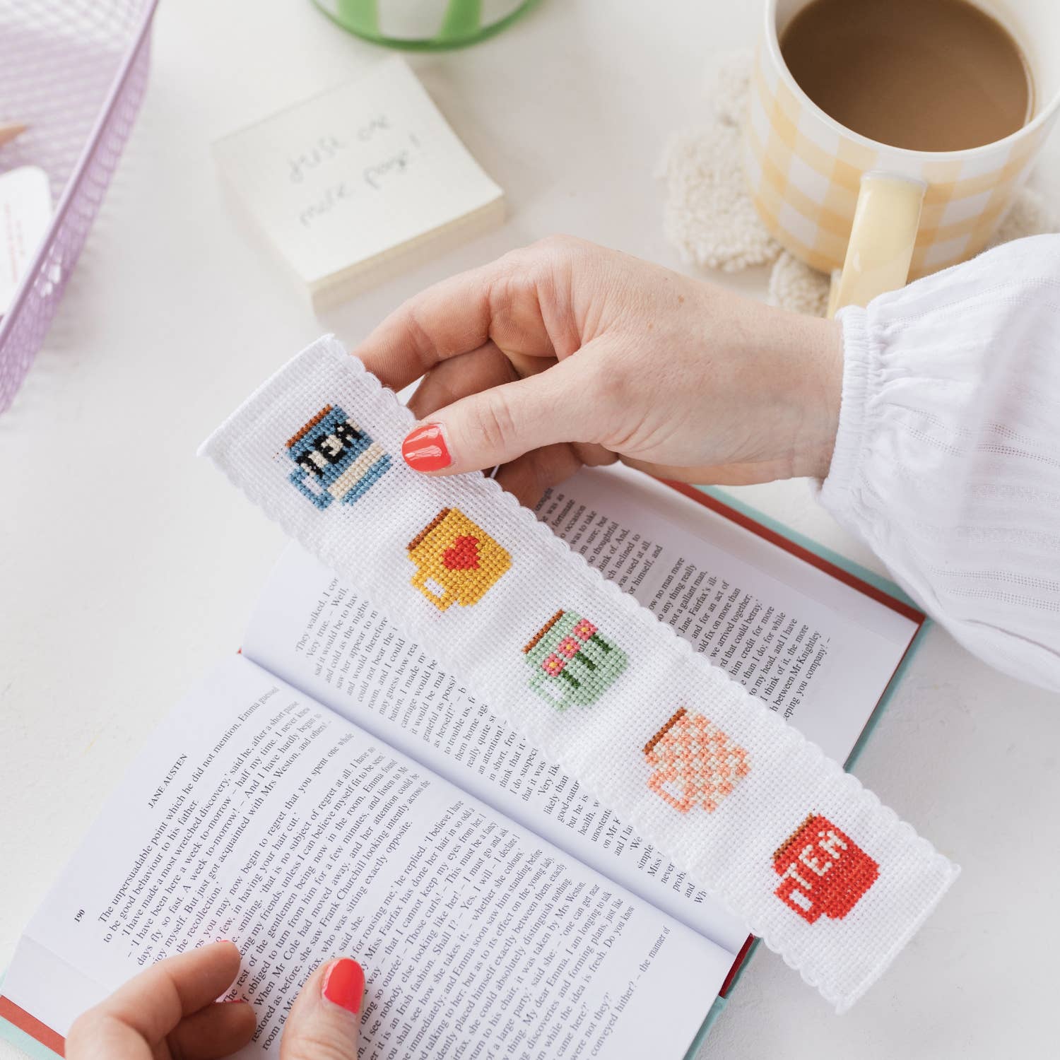 Tea Mugs cross stitch bookmark kit product photo - alternate view - BLVD Boutik
