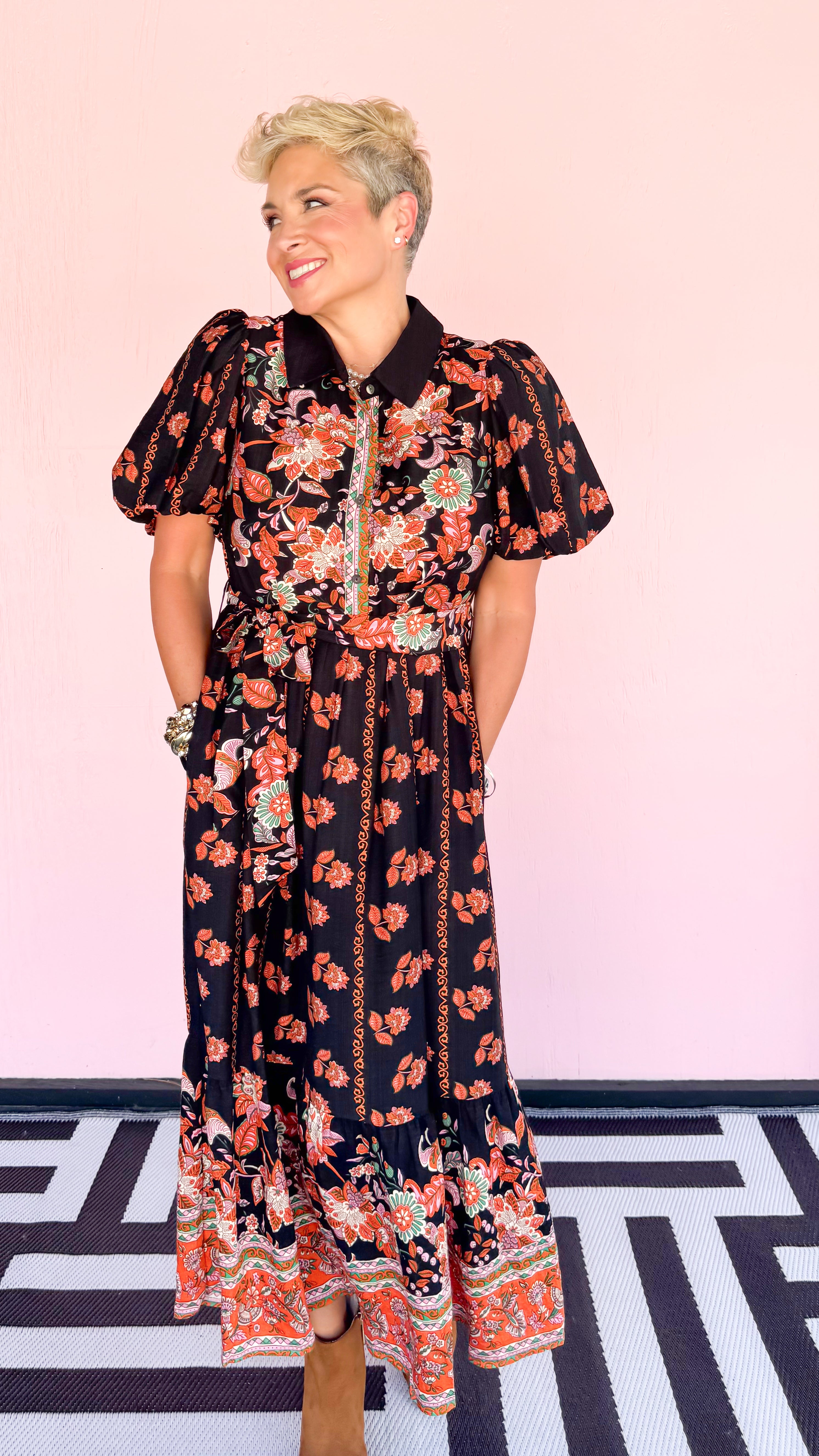 Olivia Bubble Sleeve Floral Dress/Black