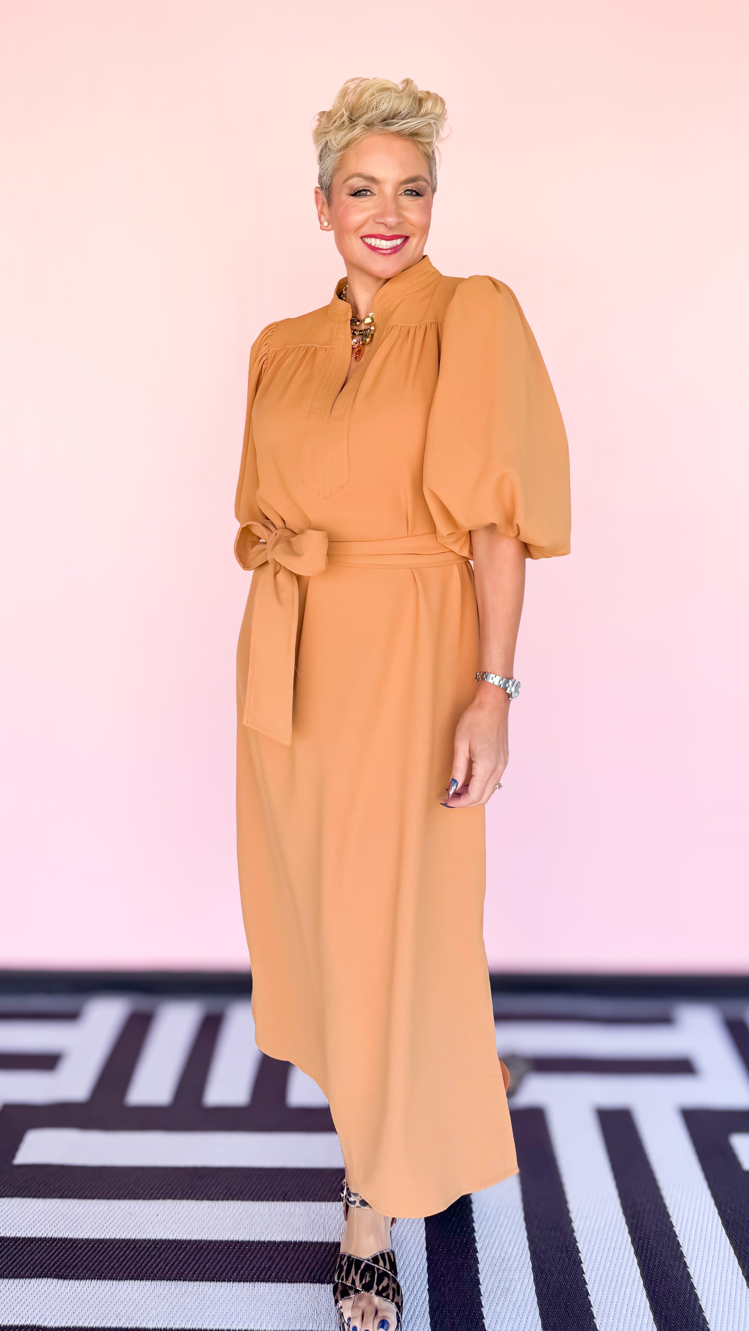 Bubble Sleeve Midi Dress in Camel