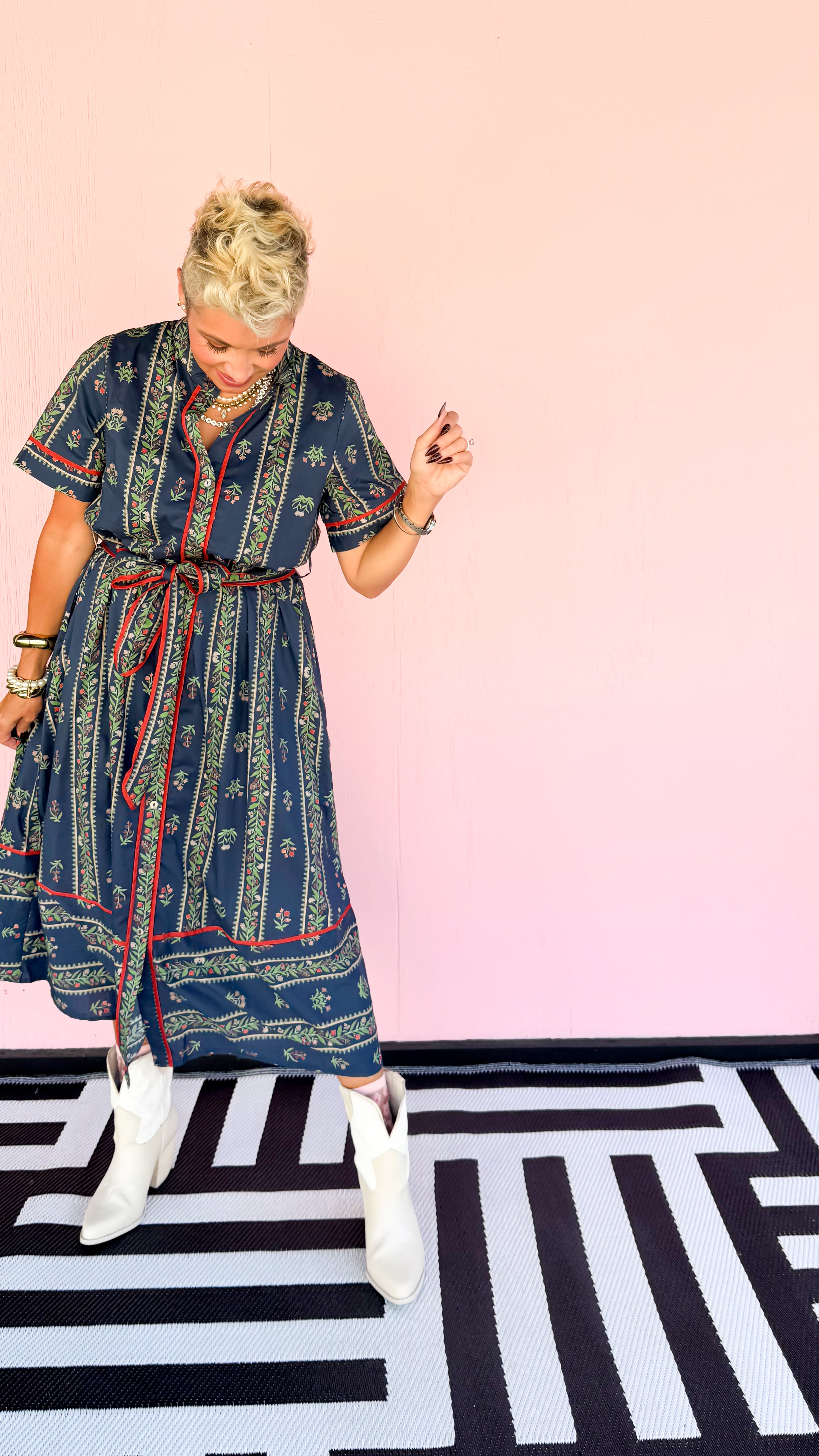 Floral Striped Midi Shirtdress/Navy - The BLVD