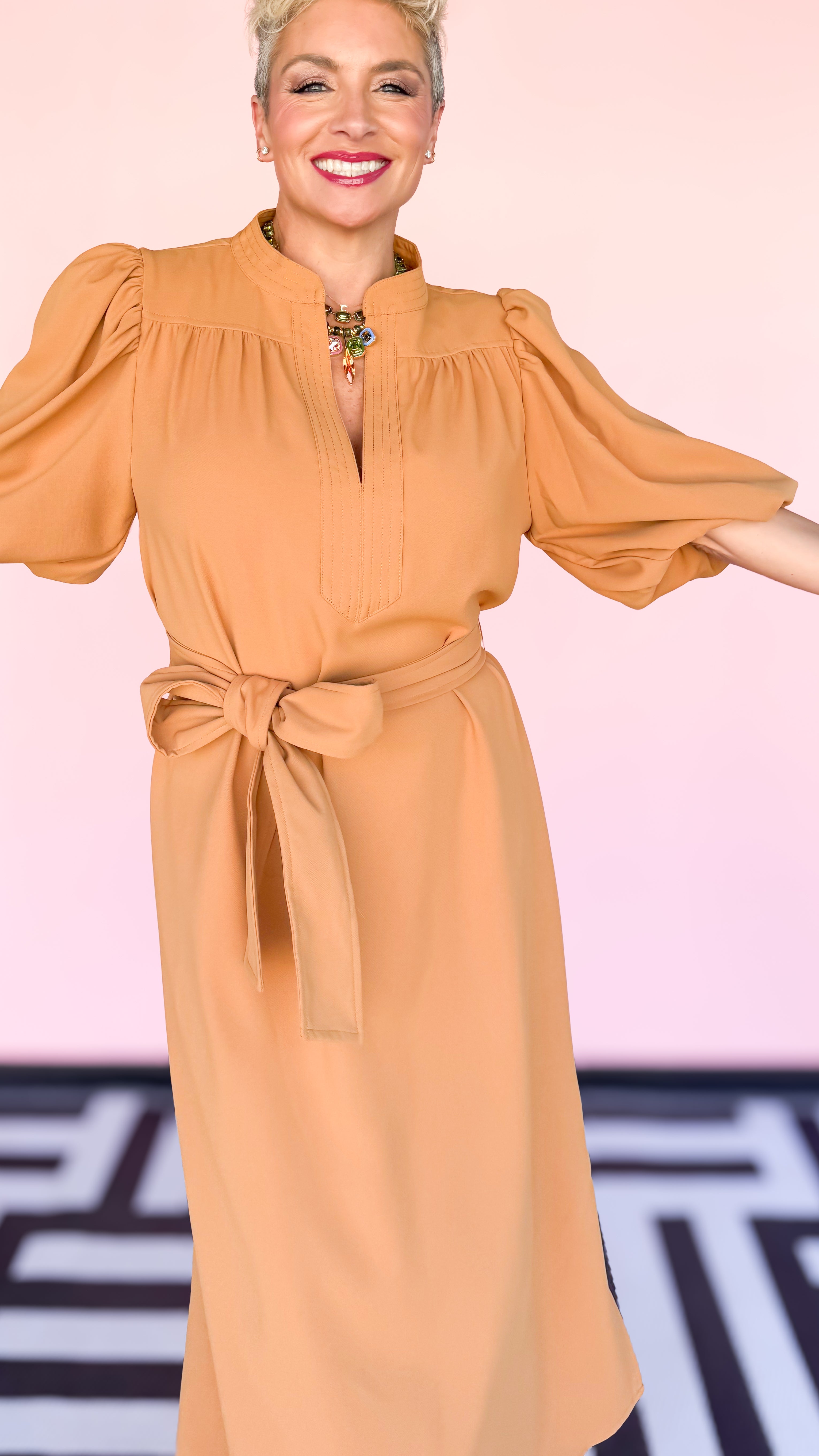 Bubble Sleeve Midi Dress in Camel