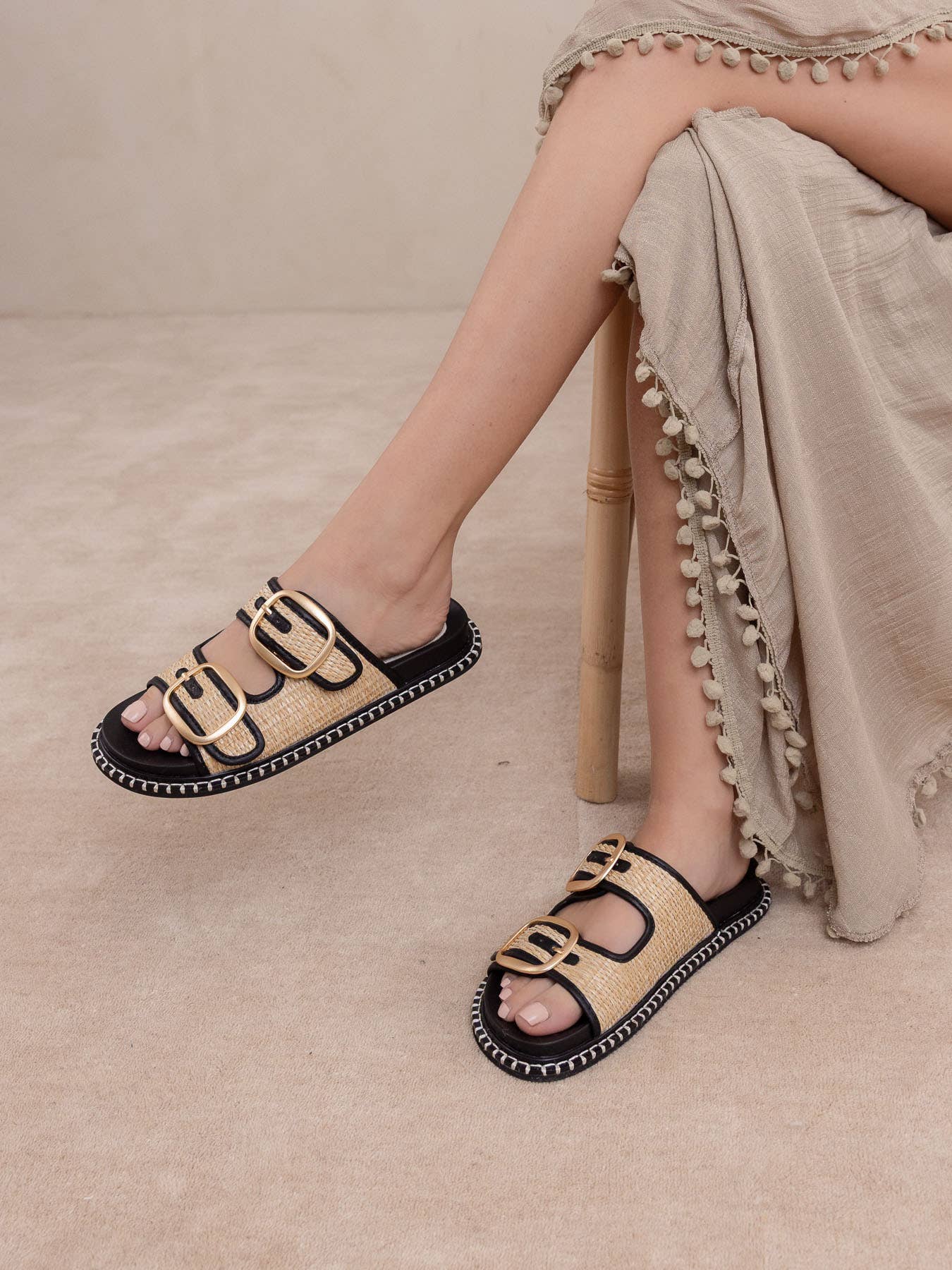 The Daytona Two-Tone Raffia Gold Buckle Sandal