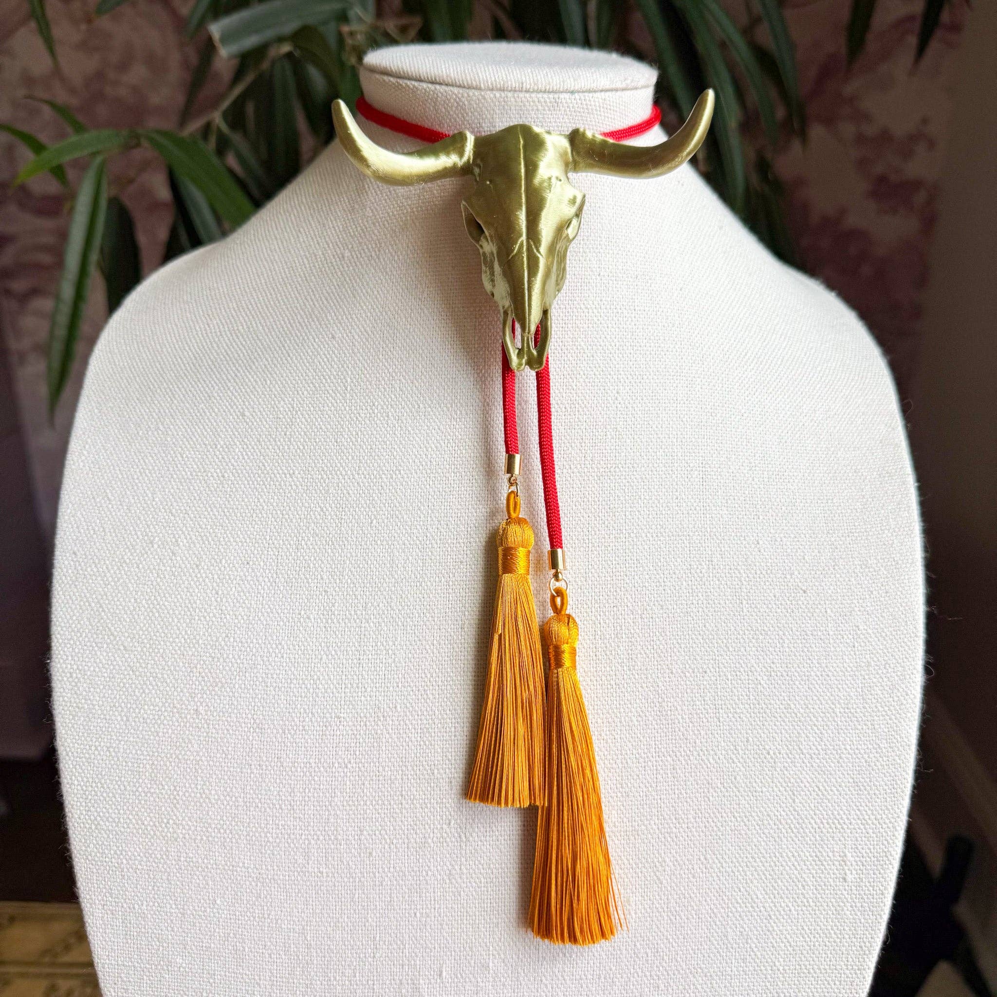 Longhorn Bolo Antique Bronze with Candy Red & Golden Yellow