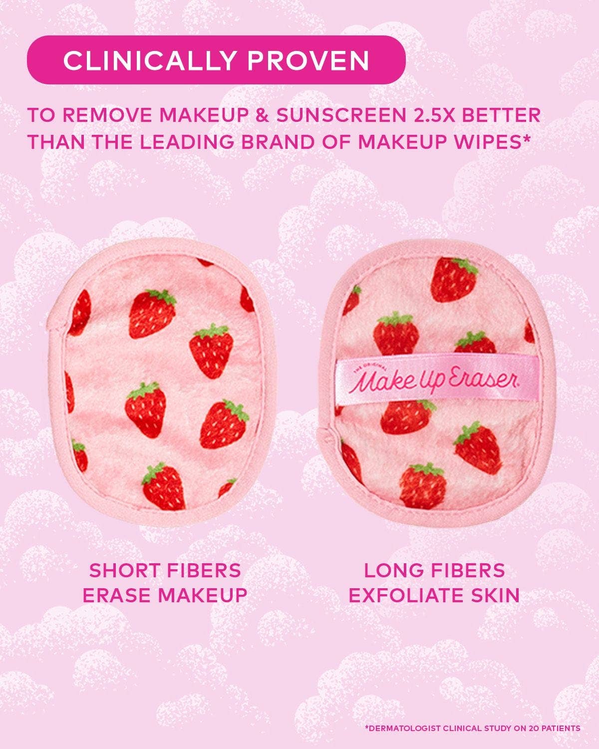 Makeup Eraser with strawberry pattern on a pink background with text about clinical proven effectiveness.