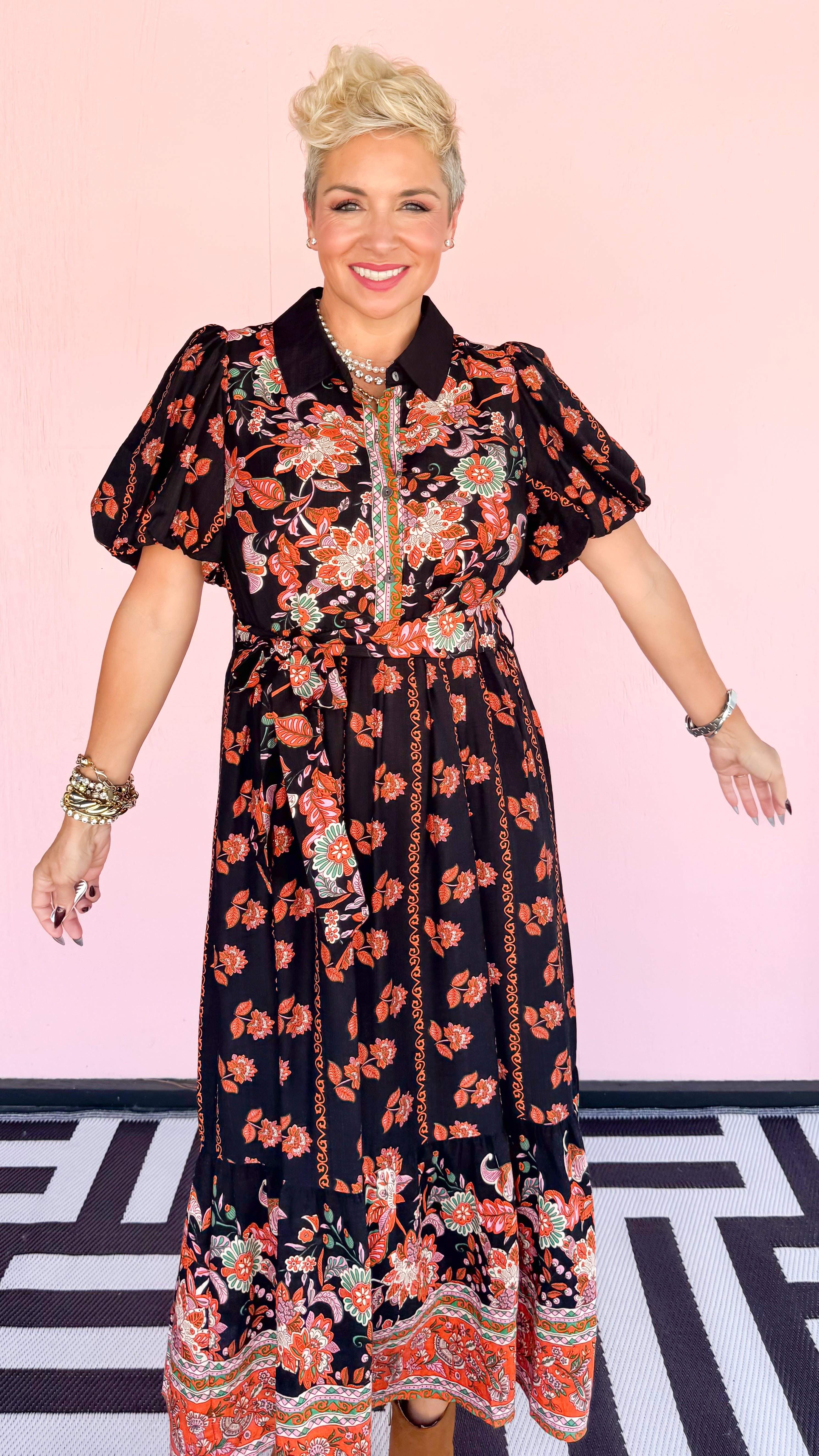 Olivia Bubble Sleeve Floral Dress/Black