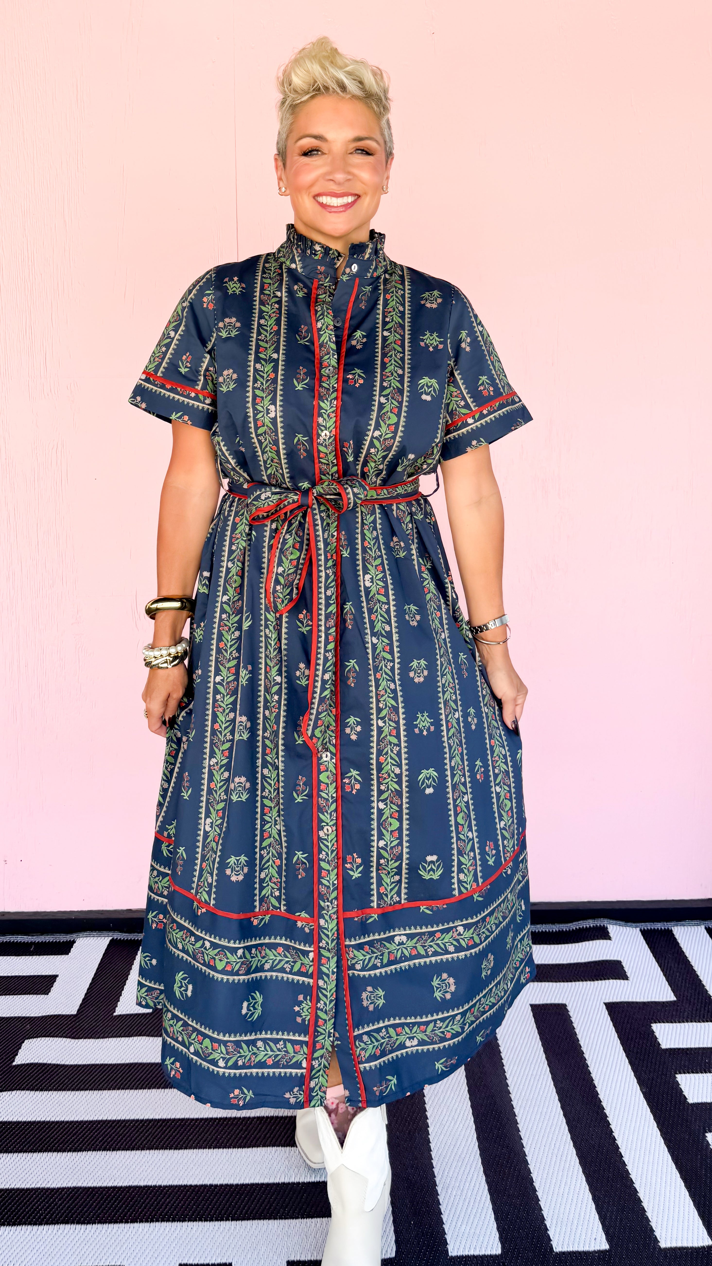 Floral Striped Midi Shirtdress/Navy - The BLVD