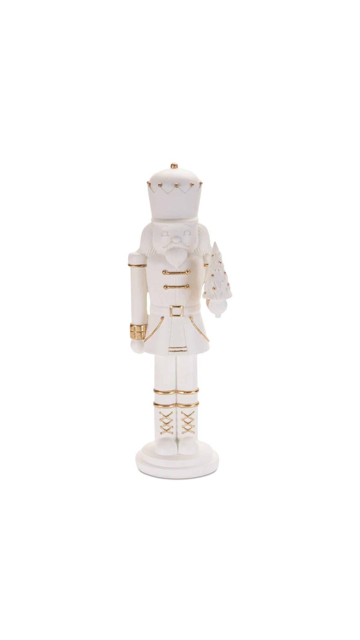 14.5 inch white nutcracker with gold detailing, front view