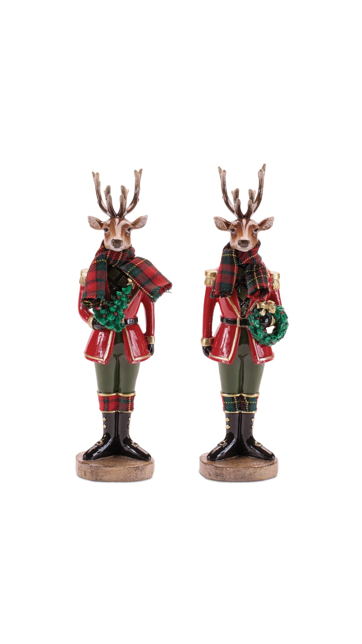 Deer soldier figurine in fabric coat and boots holding a wreath, front view
