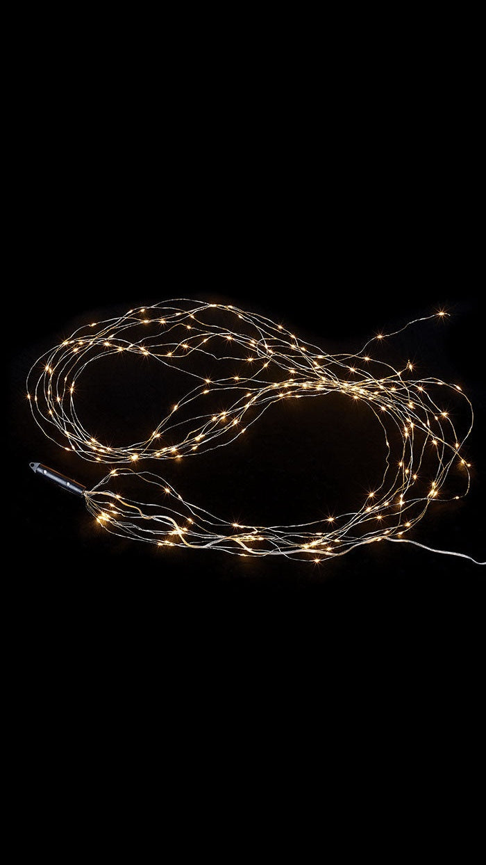 200 warm white string lights on slim silver wire, front view