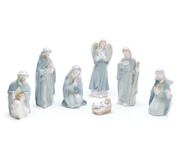 7-piece blue and white ceramic Nativity set, full view